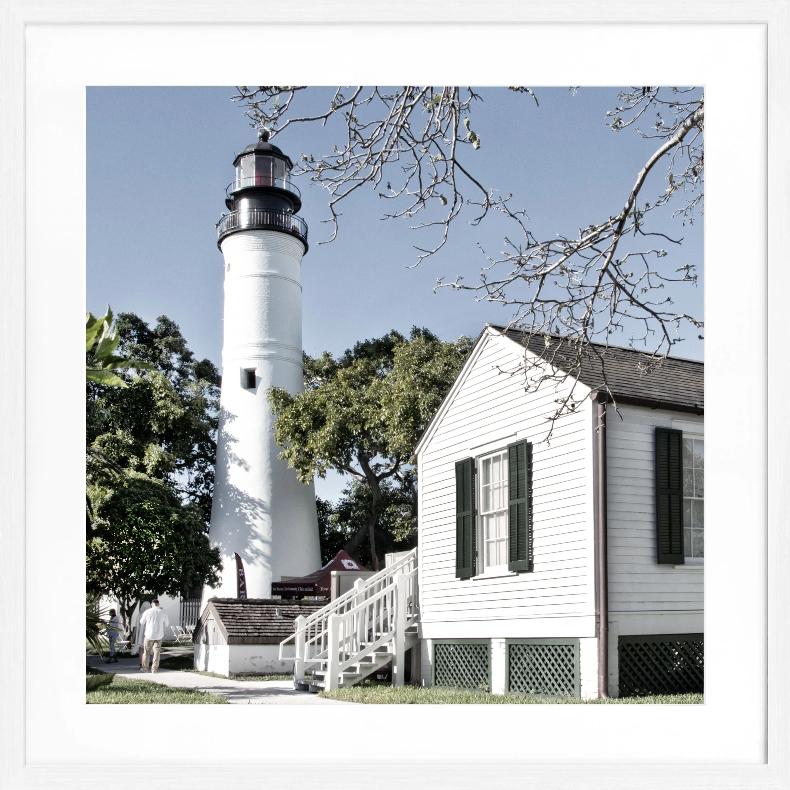 Schwarz-weiß Poster mit Rahmen, Motiv Leuchtturm in Florida Key West, Cosman-Photocollection, quadratisch 55x55cm.
