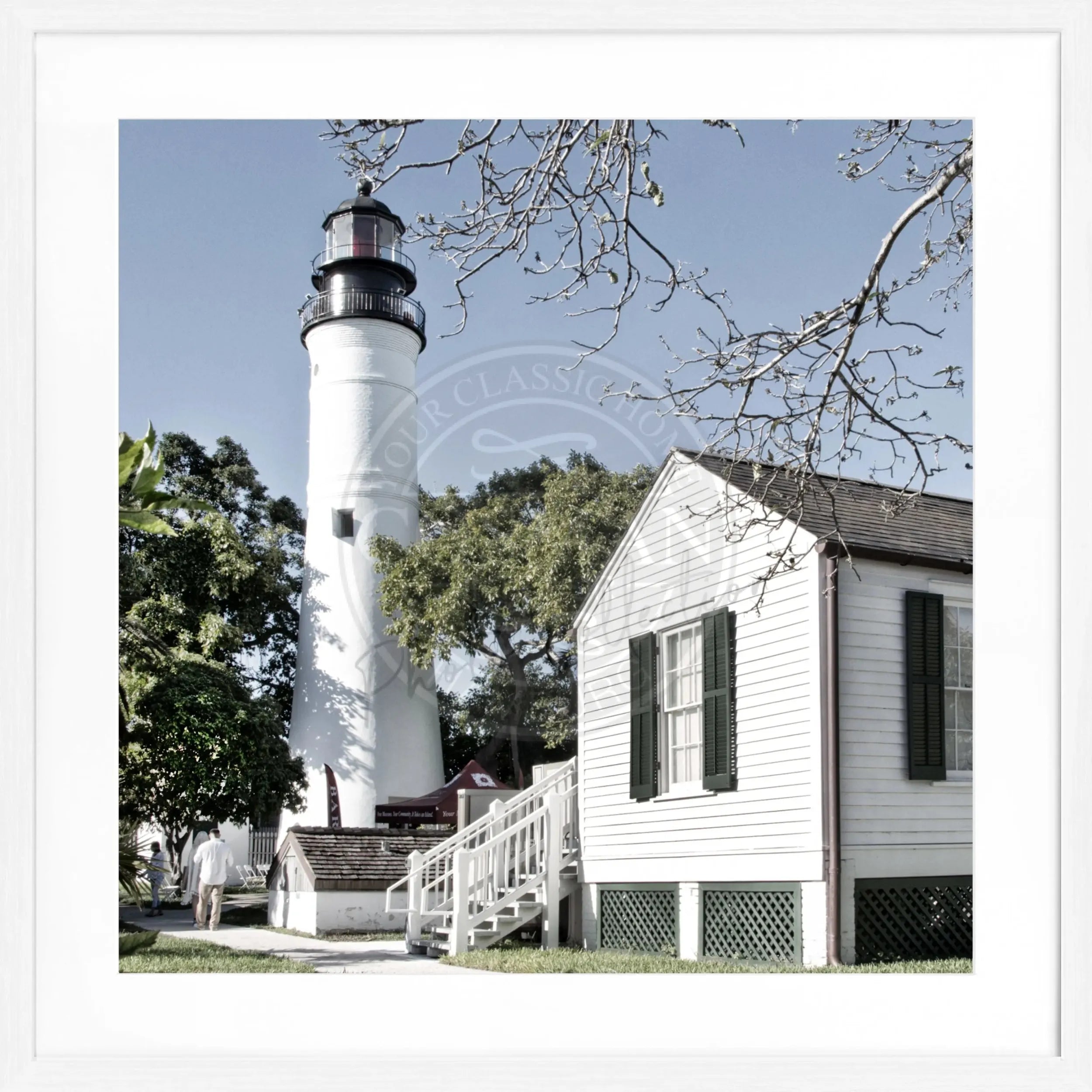 Schwarz-weiß Poster mit Rahmen, Motiv eines Leuchtturms in Key West, Florida, von Cosman-Photocollection, quadratisch 55x55 cm