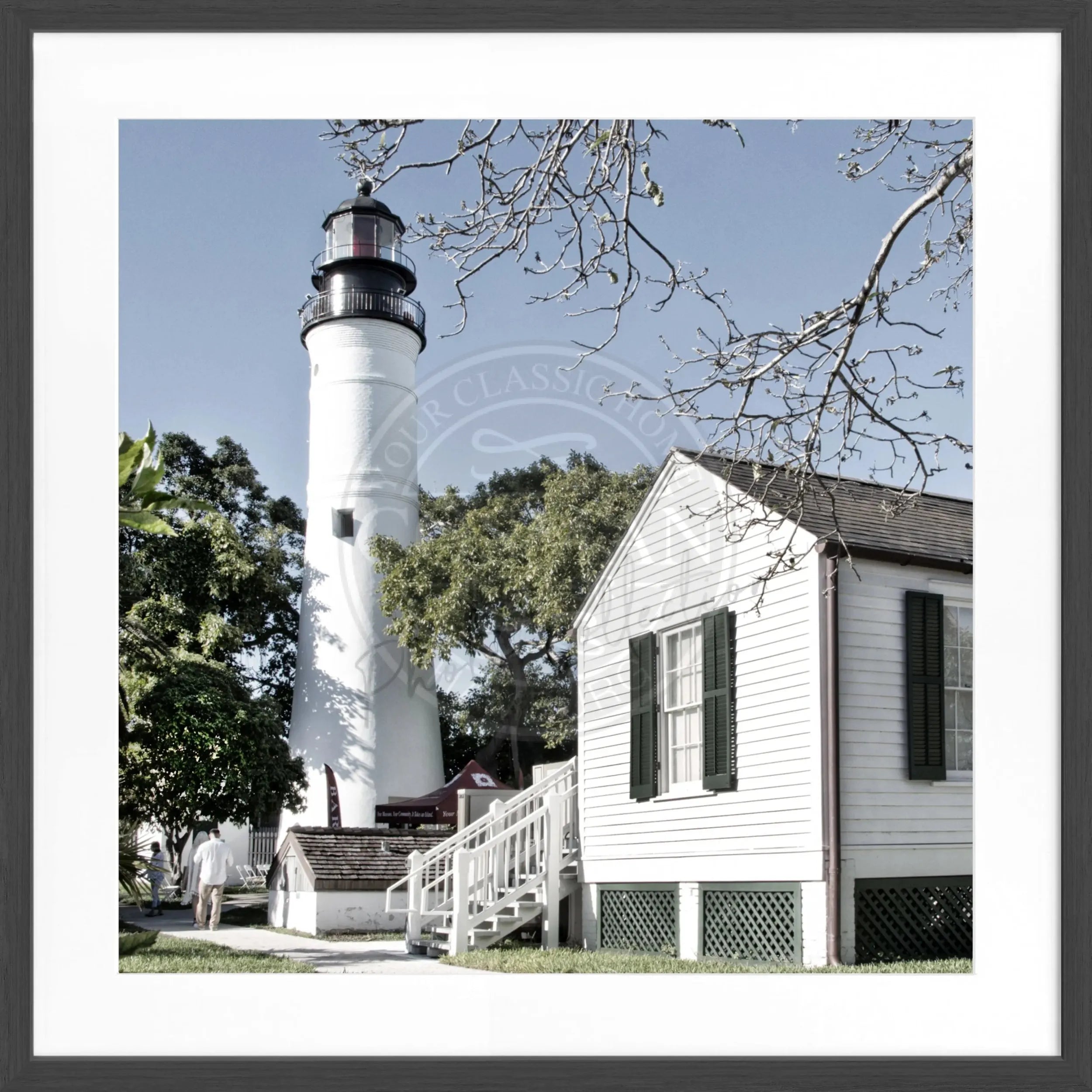 Schwarz-weiß Poster mit Rahmen von Cosman-Photocollection, Leuchtturm in Florida Key West, quadratisch, 55x55cm