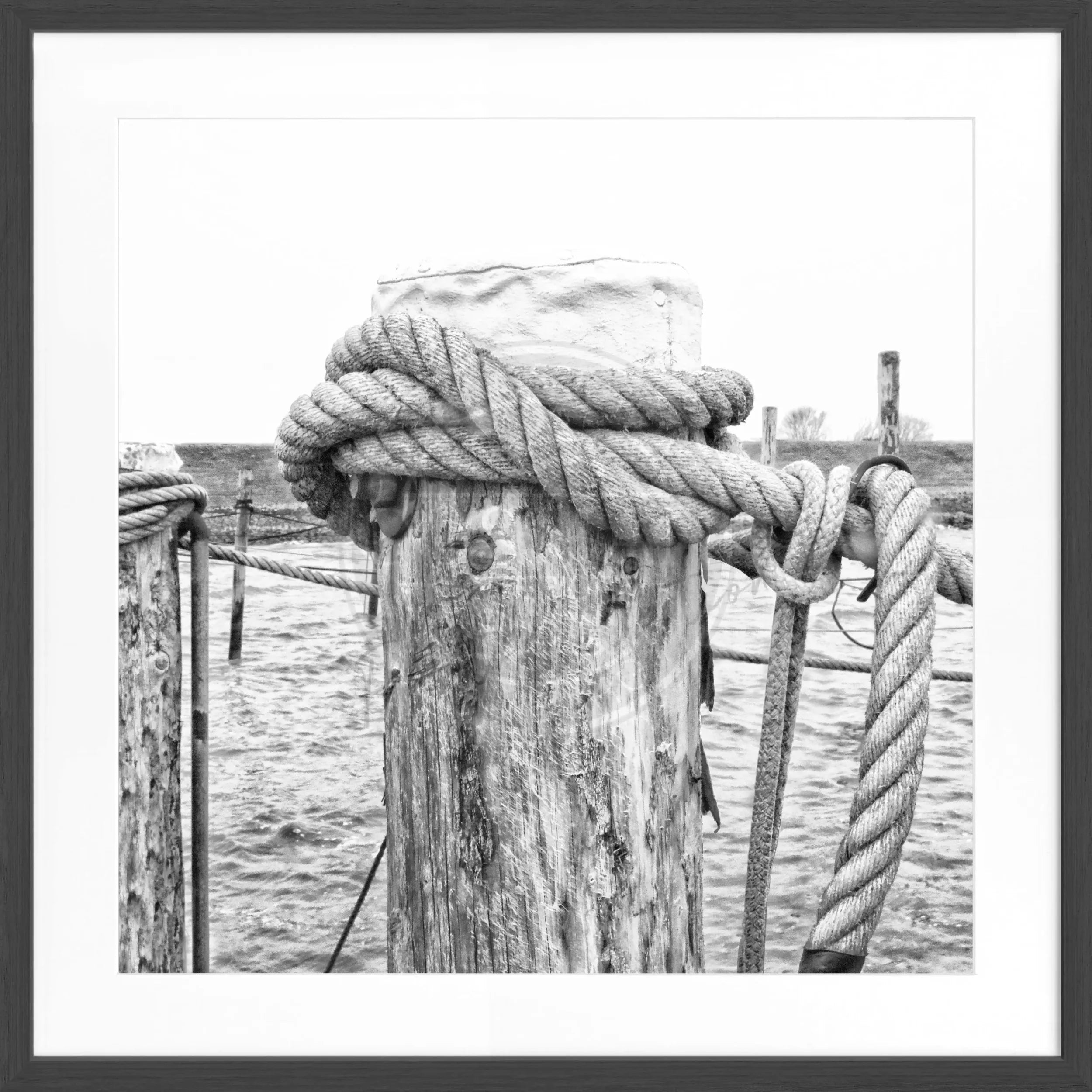 Schwarz-Weiß-Poster mit Rahmen ’Poller’ Rantum Sylt von Cosman-Photocollection, quadratisch, 55x55 cm, maritimes Motiv