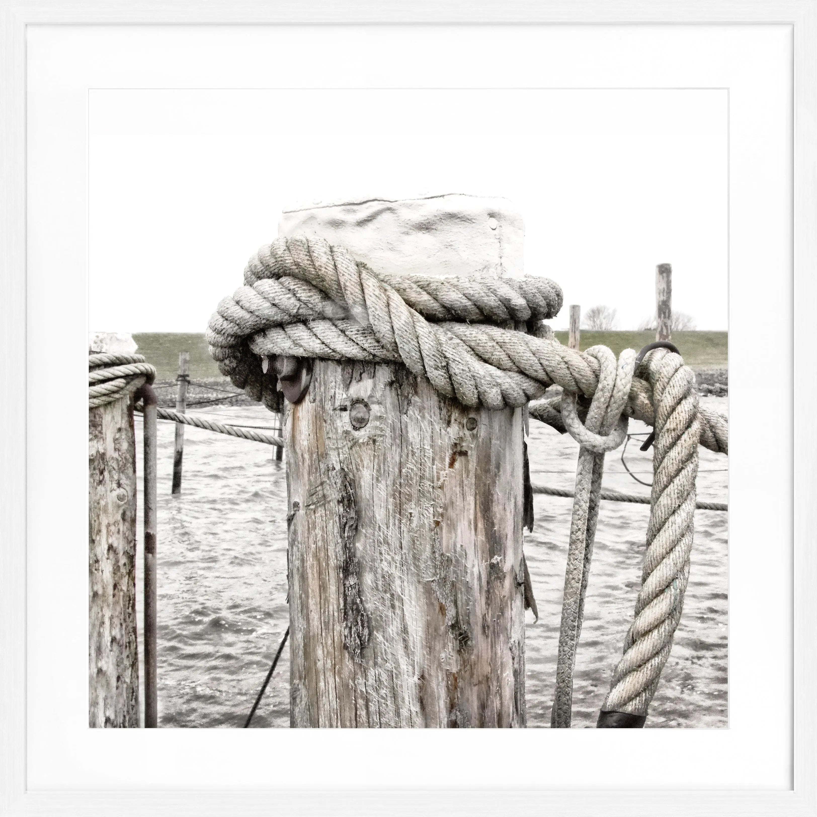 Schwarz-weiß Poster mit Rahmen 'Poller' Rantum Sylt von Cosman-Photocollection, quadratisch 55x55 cm, Meeresmotiv