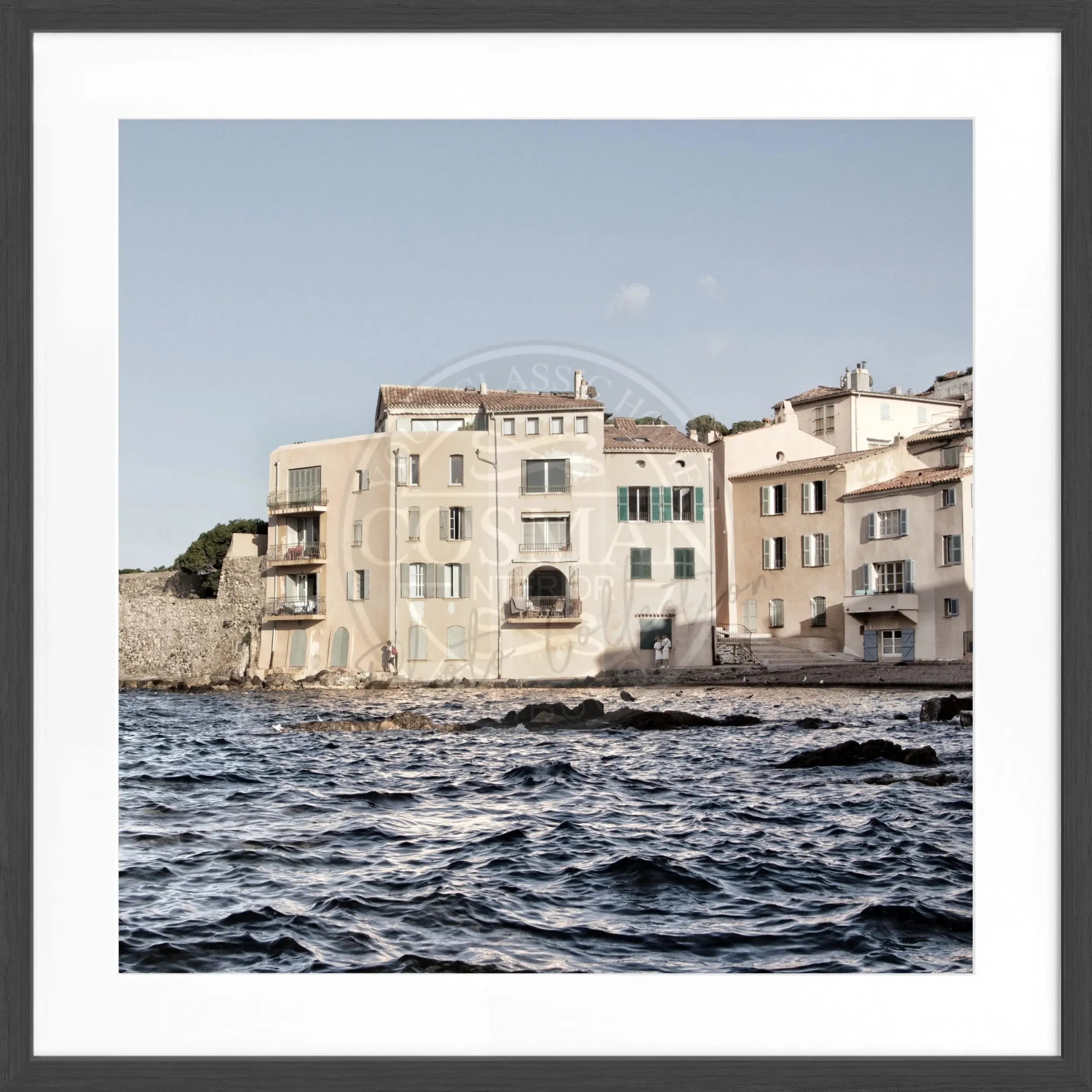Schwarz-weiß Poster mit Rahmen von Saint Tropez, quadratisch 55x55cm, von Cosman-Photocollection, modernes Wohnaccessoire