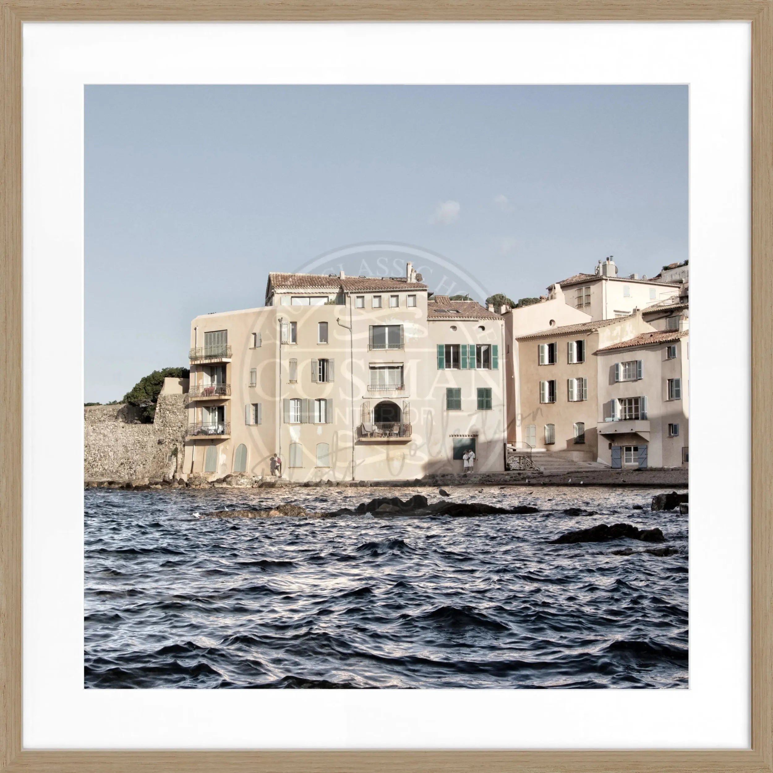 Schwarz-weißes quadratisches Poster mit Rahmen, Saint Tropez Motiv, von Cosman-Photocollection, 55x55 cm