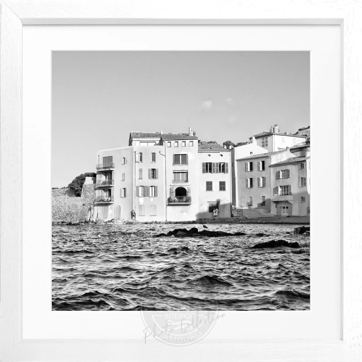 Schwarz-weißes Poster mit Rahmen von Cosman-Photocollection, Motiv Saint Tropez, quadratisch, 55x55 cm