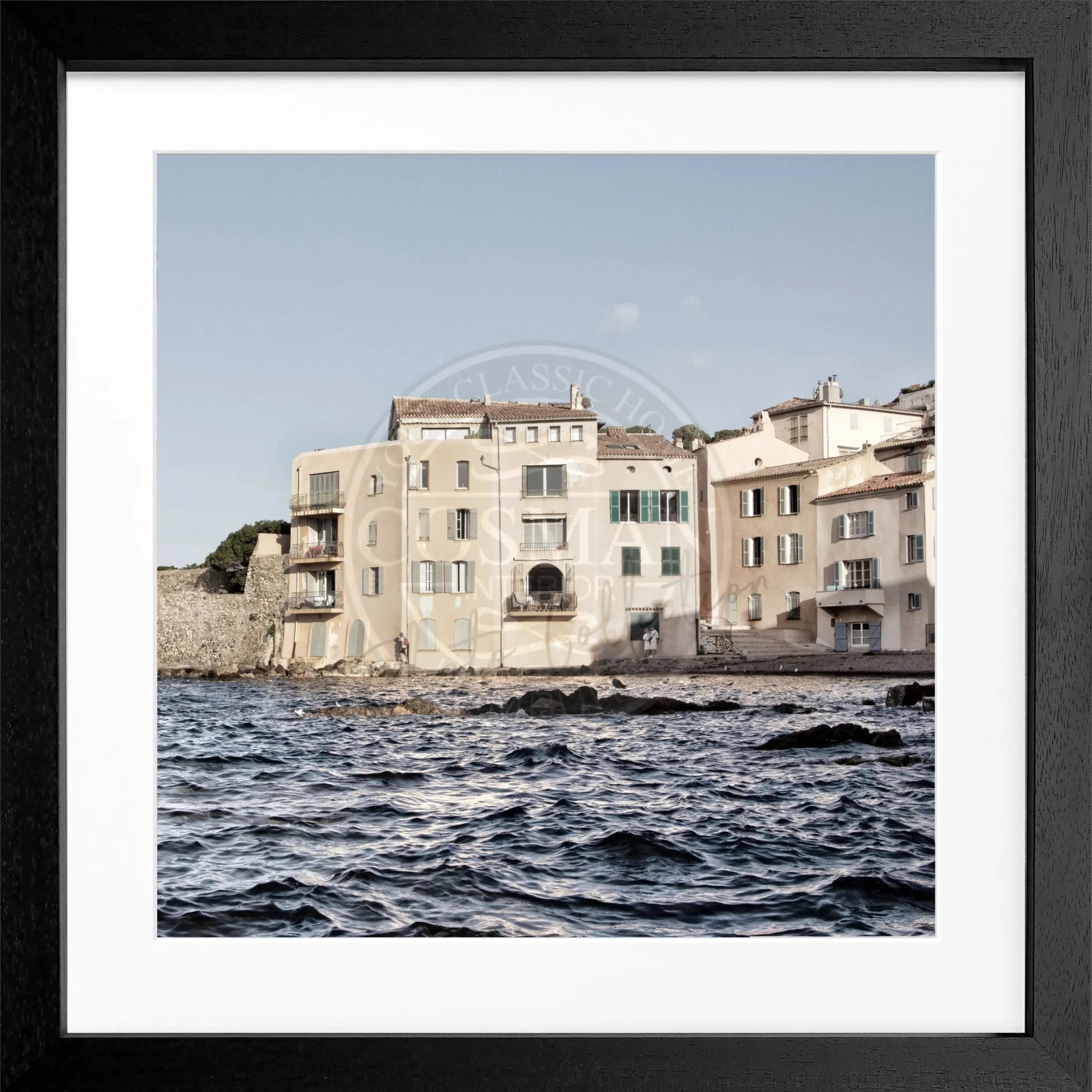 Schwarz-weiß Poster mit Rahmen, Saint Tropez Motiv, 55x55cm, von Cosman-Photocollection, quadratisch, elegantes Wandbild.