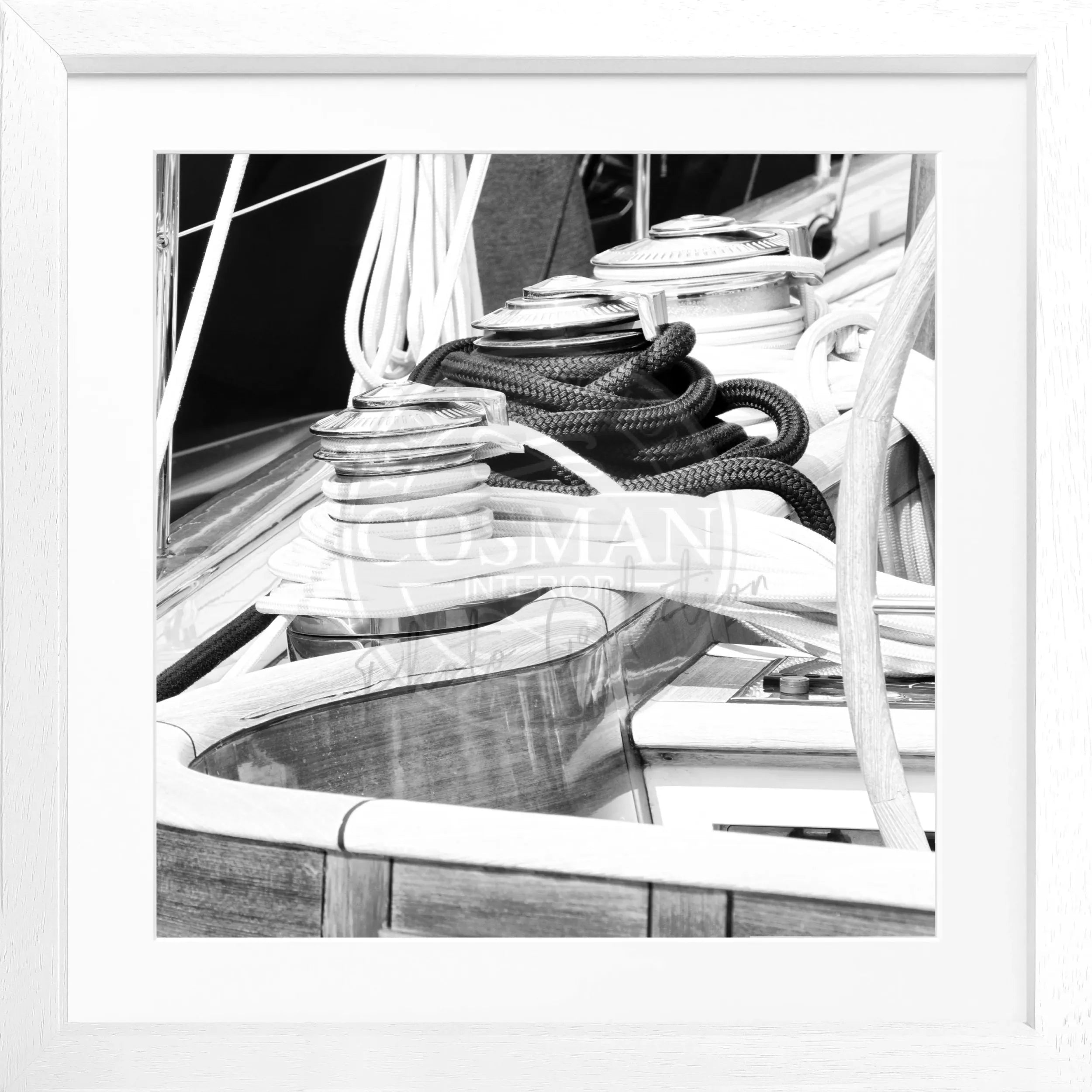 Schwarz-weiß Poster mit Rahmen, Segelboot in Saint Tropez, von Cosman-Photocollection, quadratisch 55x55cm, stilvolle Wanddekoration