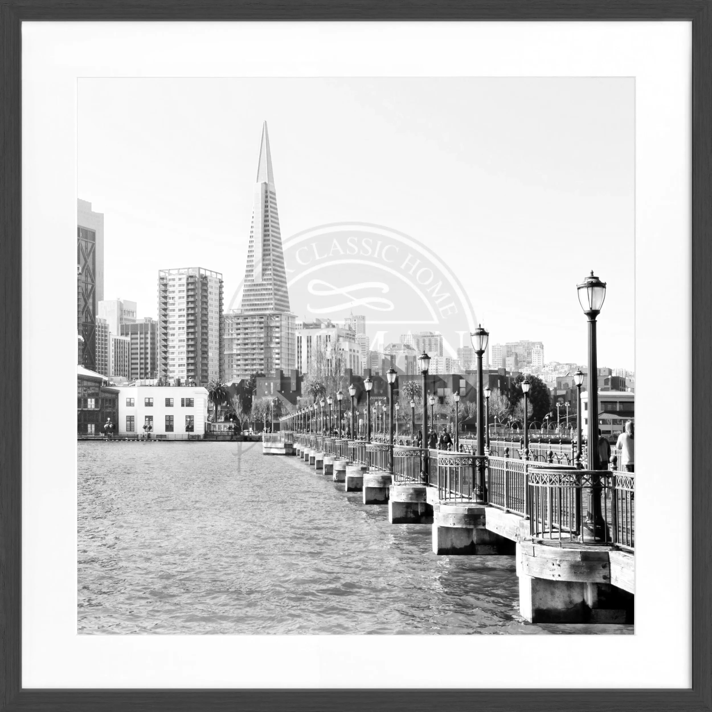 Schwarz-weiß Poster mit Rahmen von Cosman-Photocollection, Skyline von San Francisco, quadratisch, 55x55cm, urbames Motiv