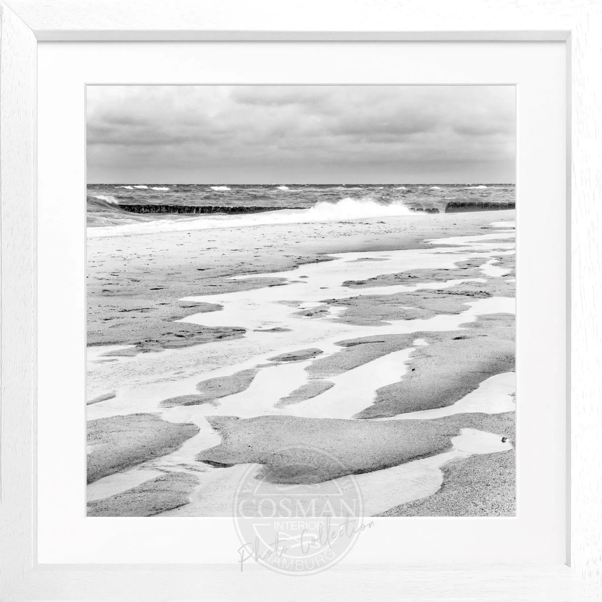 Schwarz-weiß Poster mit Rahmen 'Strand' Sylt von Cosman-Photocollection, quadratisches Bild, 55x55cm, Meeresküsten-Motiv