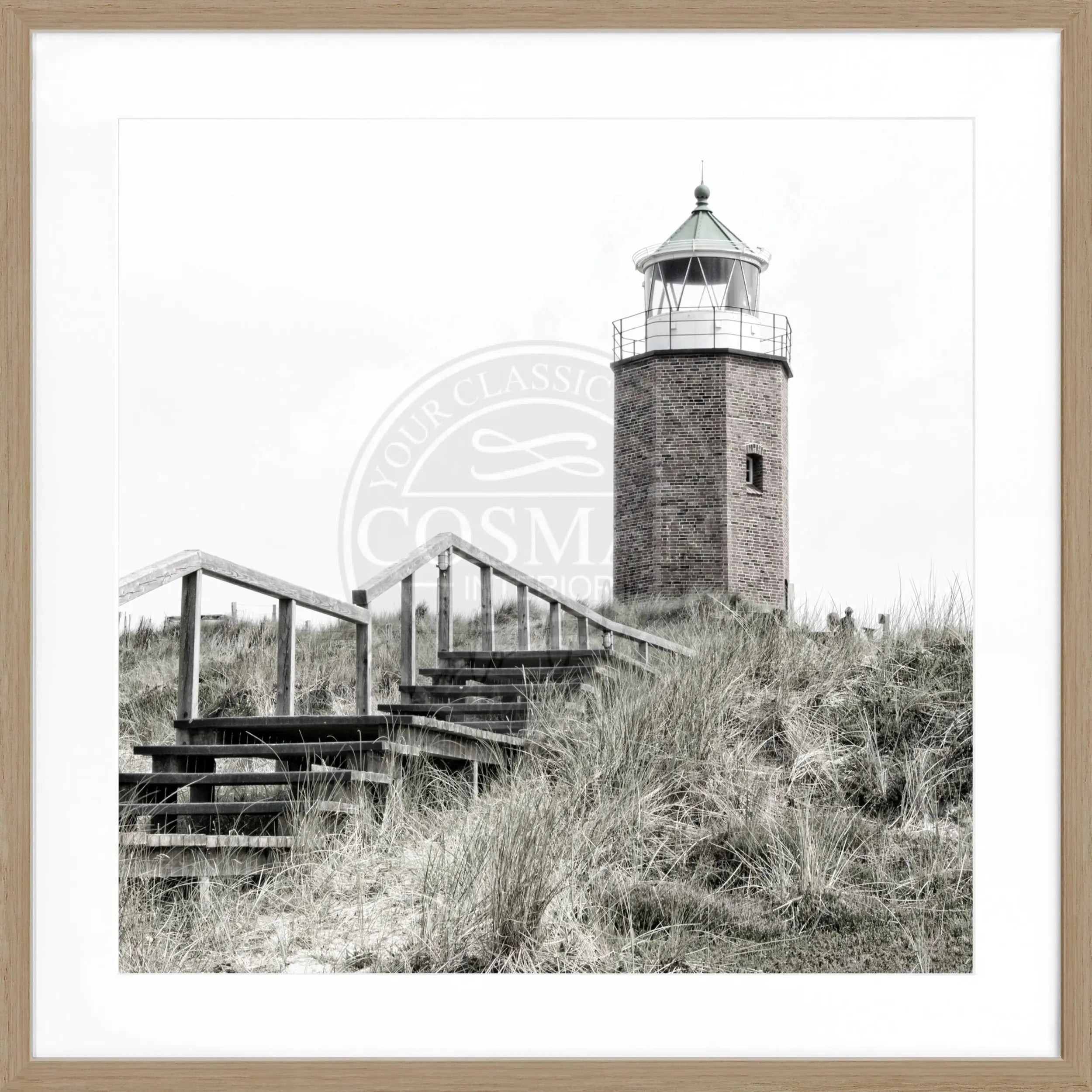 Schwarz-weiß Poster mit Rahmen von Cosman-Photocollection, Leuchtturm Kampen Sylt, quadratisch, 55x55 cm, Wanddekoration