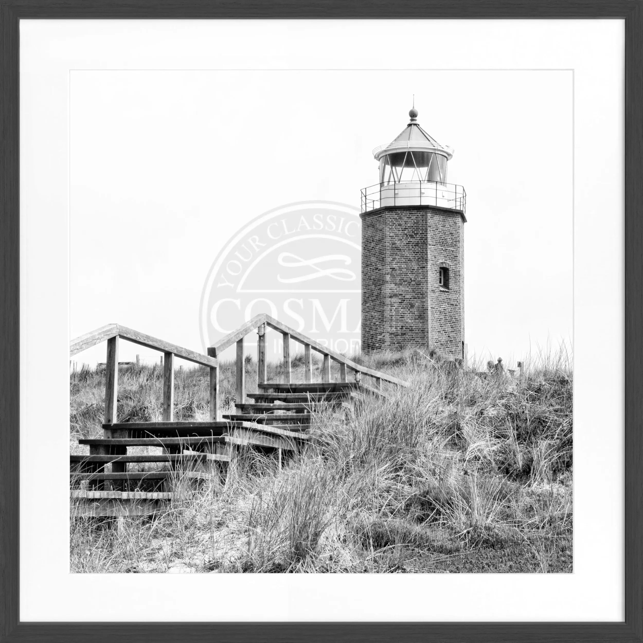 Schwarz-weiß Poster mit Rahmen von Cosman-Photocollection, Leuchtturm Kampen Sylt, quadratisch 55x55 cm, Wanddekoration