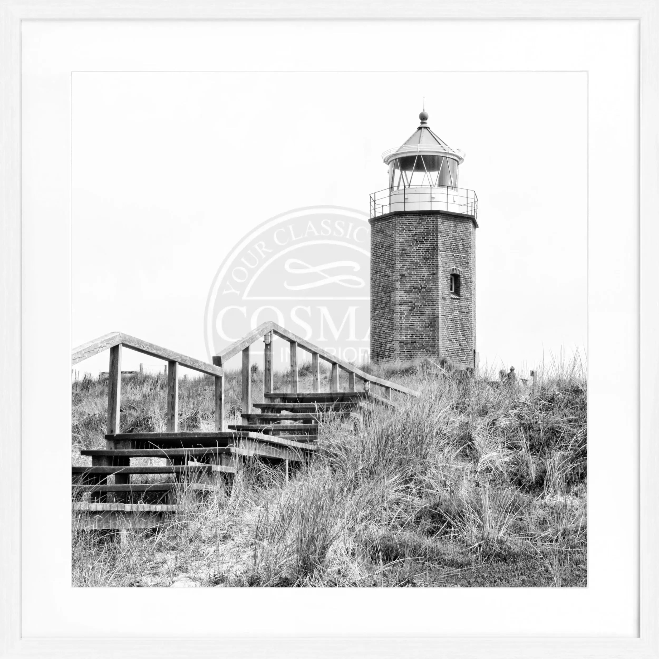 Schwarz-weiß Poster mit Rahmen, Sylt Leuchtturm Kampen, von Cosman-Photocollection, quadratisch 55x55 cm.