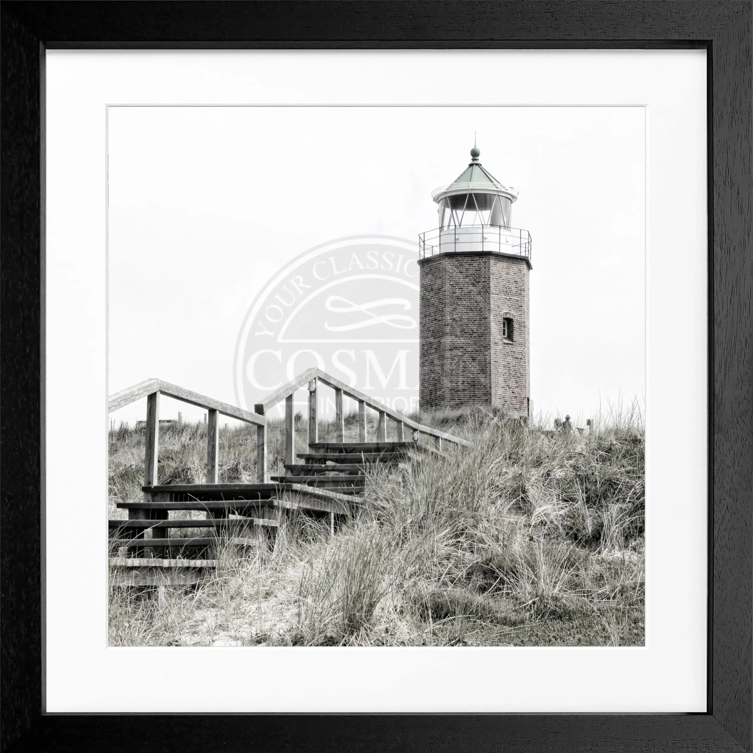 Schwarz-weiß Poster mit Rahmen von Cosman-Photocollection, Leuchtturm Kampen auf Sylt, quadratisch 55x55cm, Wanddekoration