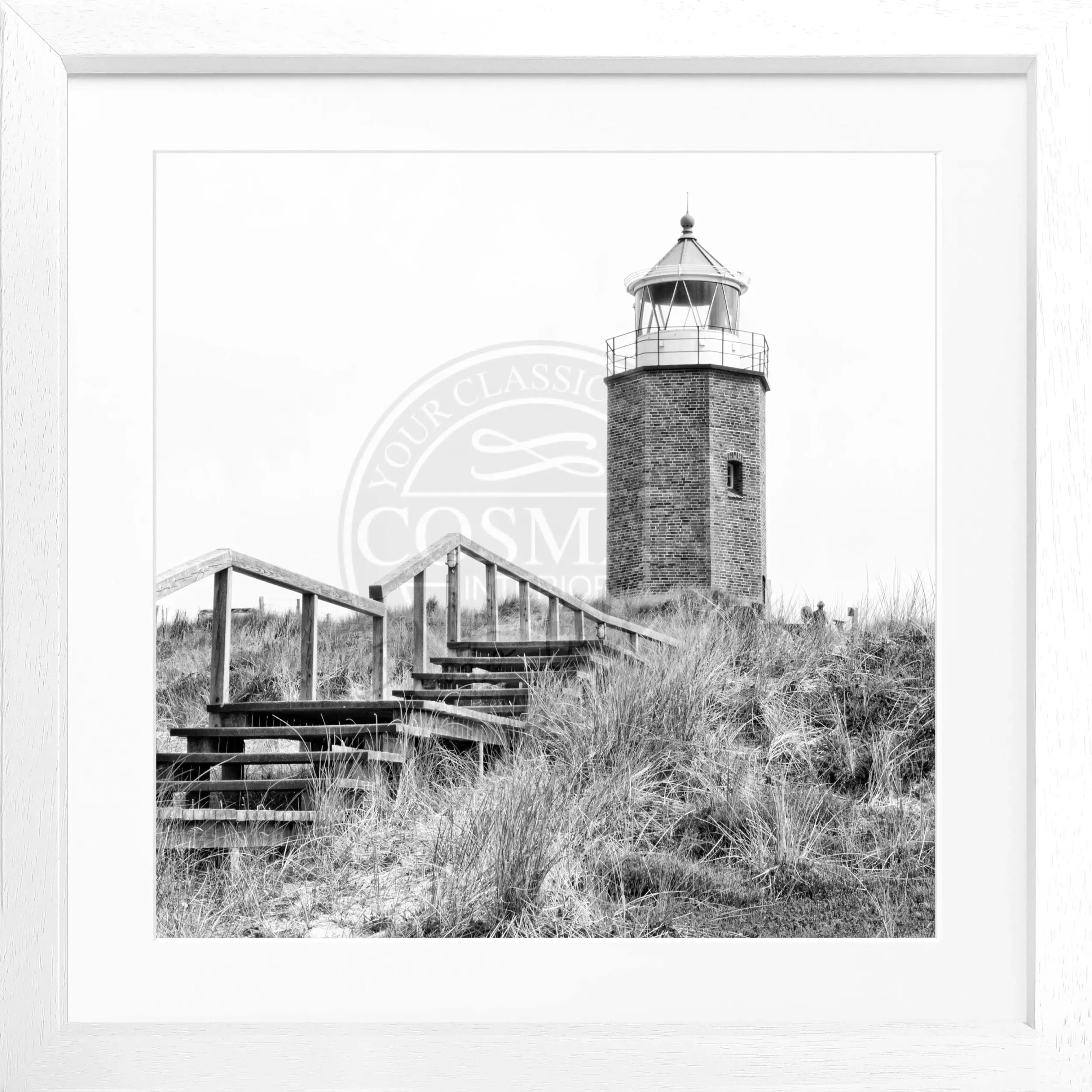 Schwarz-weiß Poster mit Rahmen, Leuchtturm Kampen Sylt, von Cosman-Photocollection, quadratisch 55x55 cm, Wanddekoration