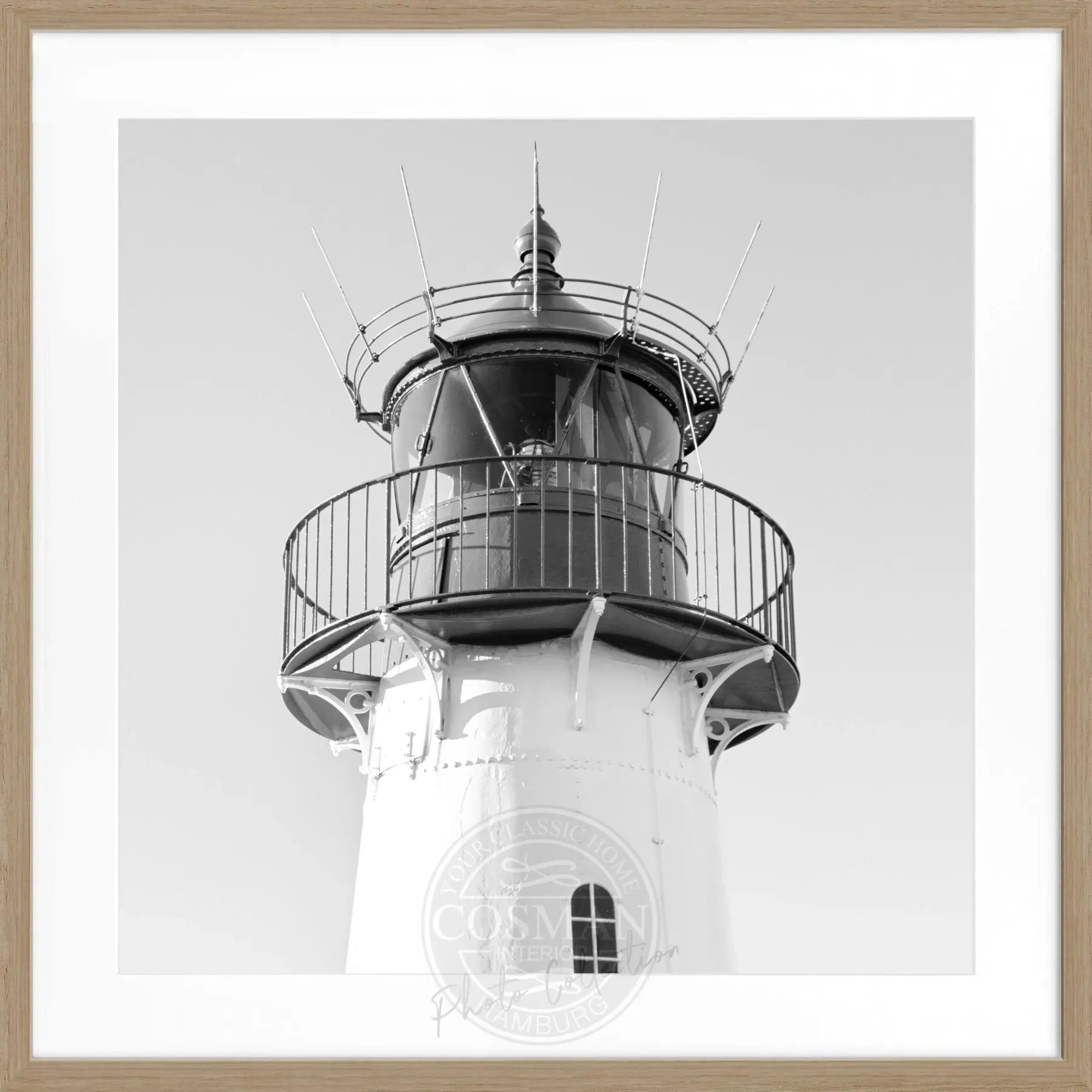 Schwarz-weiß Poster mit Rahmen von Cosman-Photocollection, Motiv des Leuchtturms Lister auf Sylt, quadratisch 55x55 cm