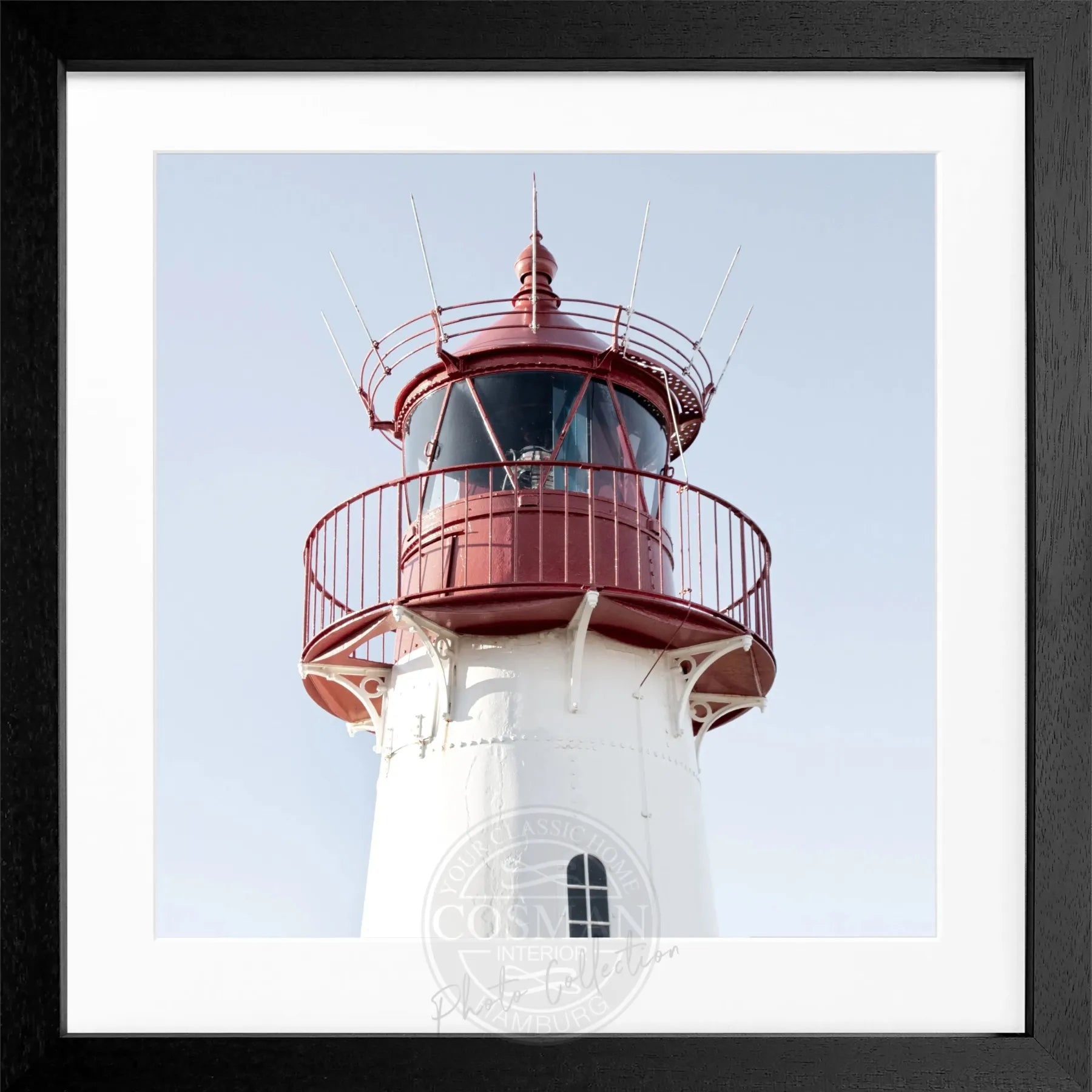 Schwarz-weiß Poster mit Rahmen von Cosman-Photocollection, Lister Leuchtturm auf Sylt, quadratisch, 55x55 cm, Wanddekoration