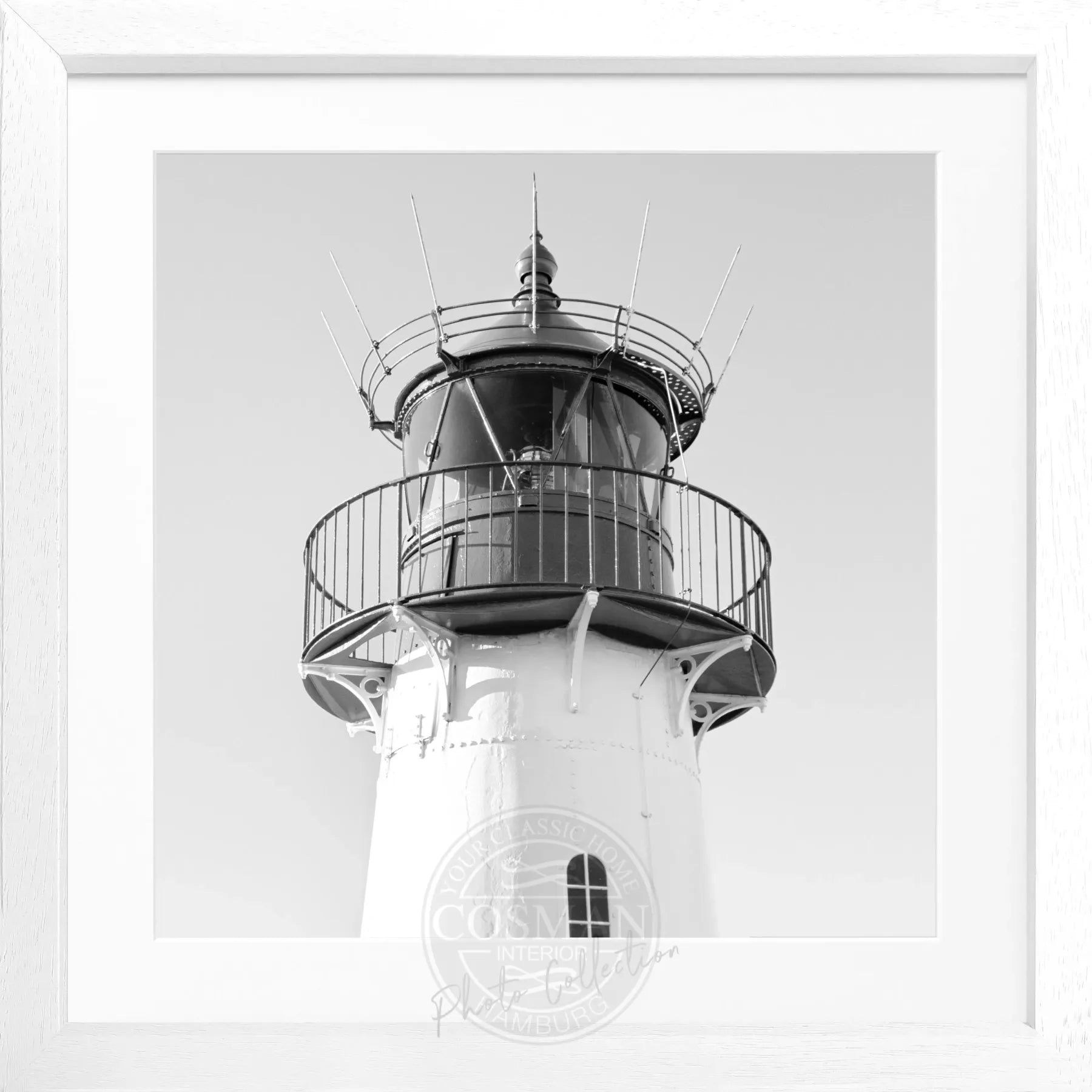 Schwarz-weiß Poster mit Rahmen von Cosman-Photocollection, Lister Leuchtturm auf Sylt, quadratisches Format 55x55 cm.