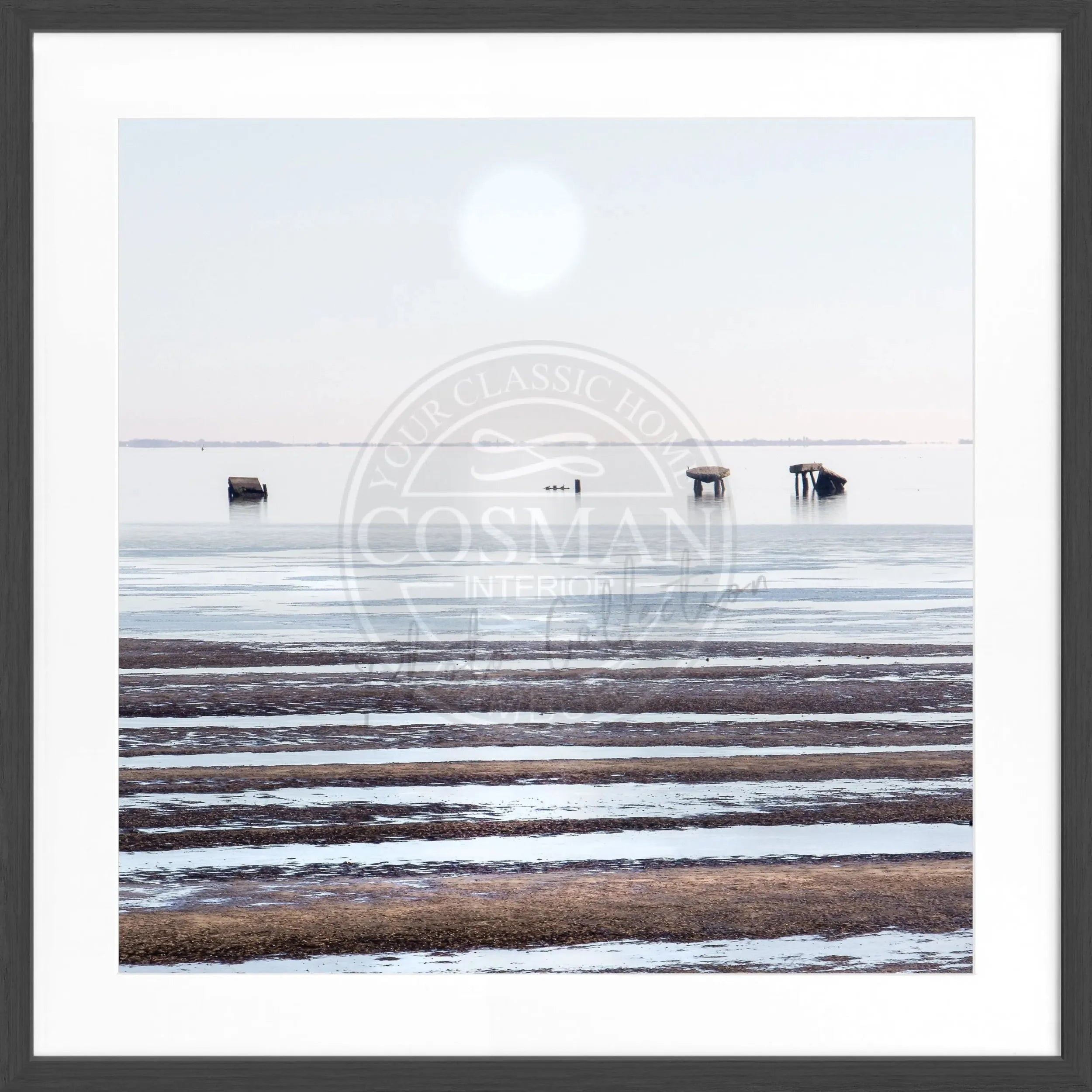 Schwarz-weiß Poster mit Rahmen von Cosman-Photocollection, Wattenmeer und Sylt, quadratisch, 55x55 cm, maritimer Strandmotiv