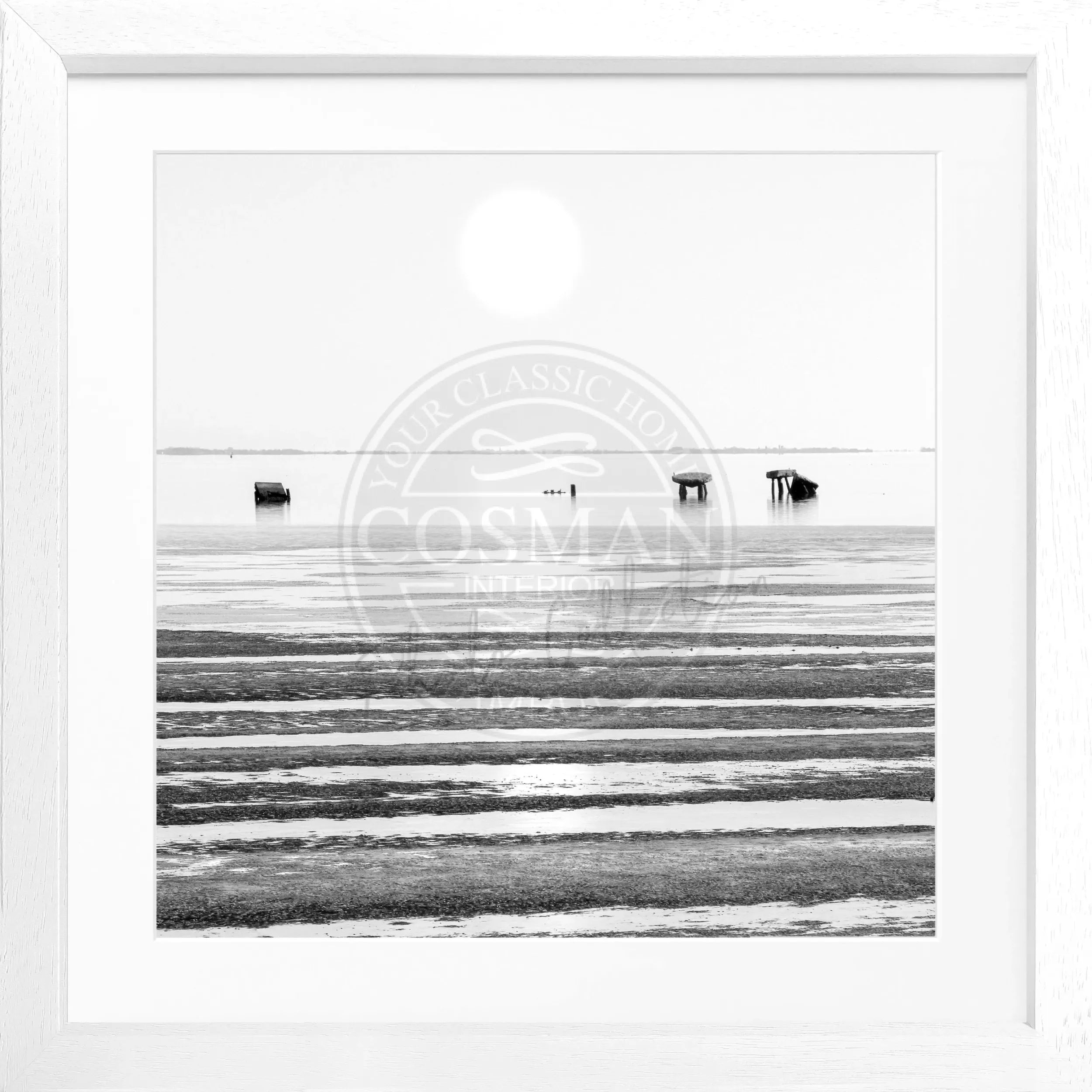 Schwarz-weiß Poster mit Rahmen von Cosman-Photocollection, Wattenmeer und Sylt, quadratisch, 55x55cm, Naturaufnahme