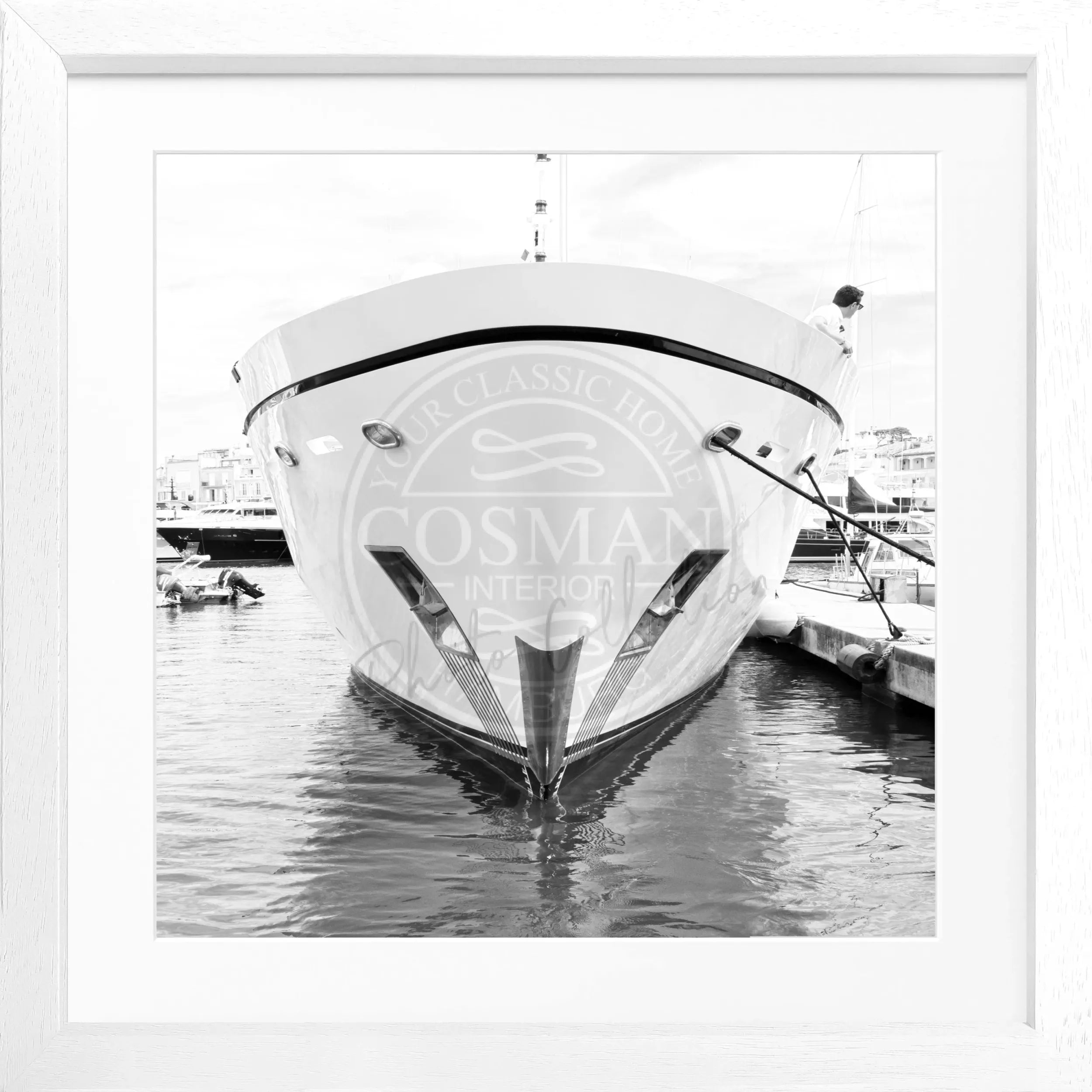 Schwarz-weiß Poster mit Rahmen, Yacht-Motiv, Saint Tropez, von Cosman-Photocollection, quadratisch 55x55 cm.
