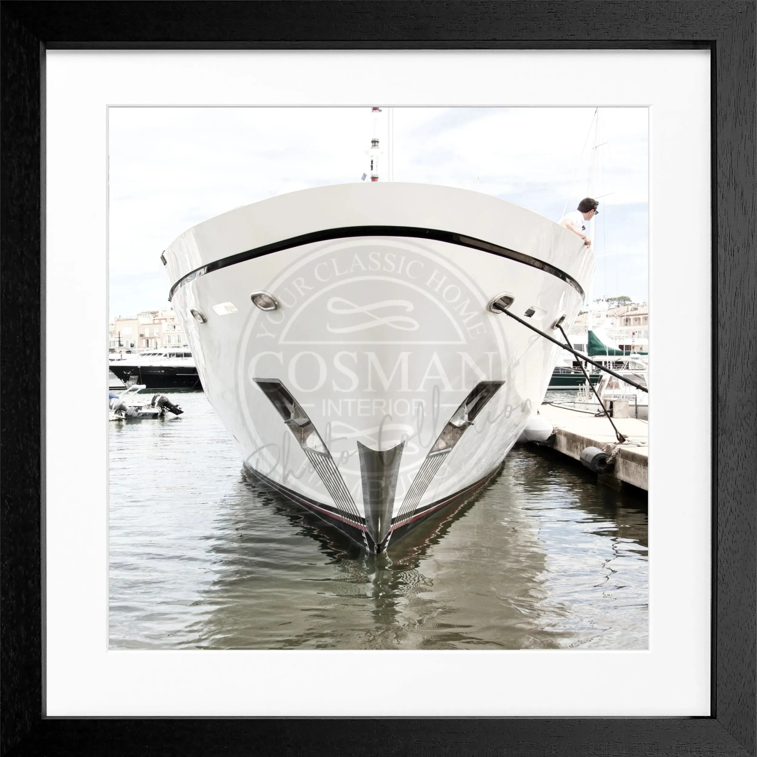 Schwarz-weiß Poster mit Rahmen, Yacht-Motiv in Saint Tropez, Cosman-Photocollection, quadratisch 55x55 cm