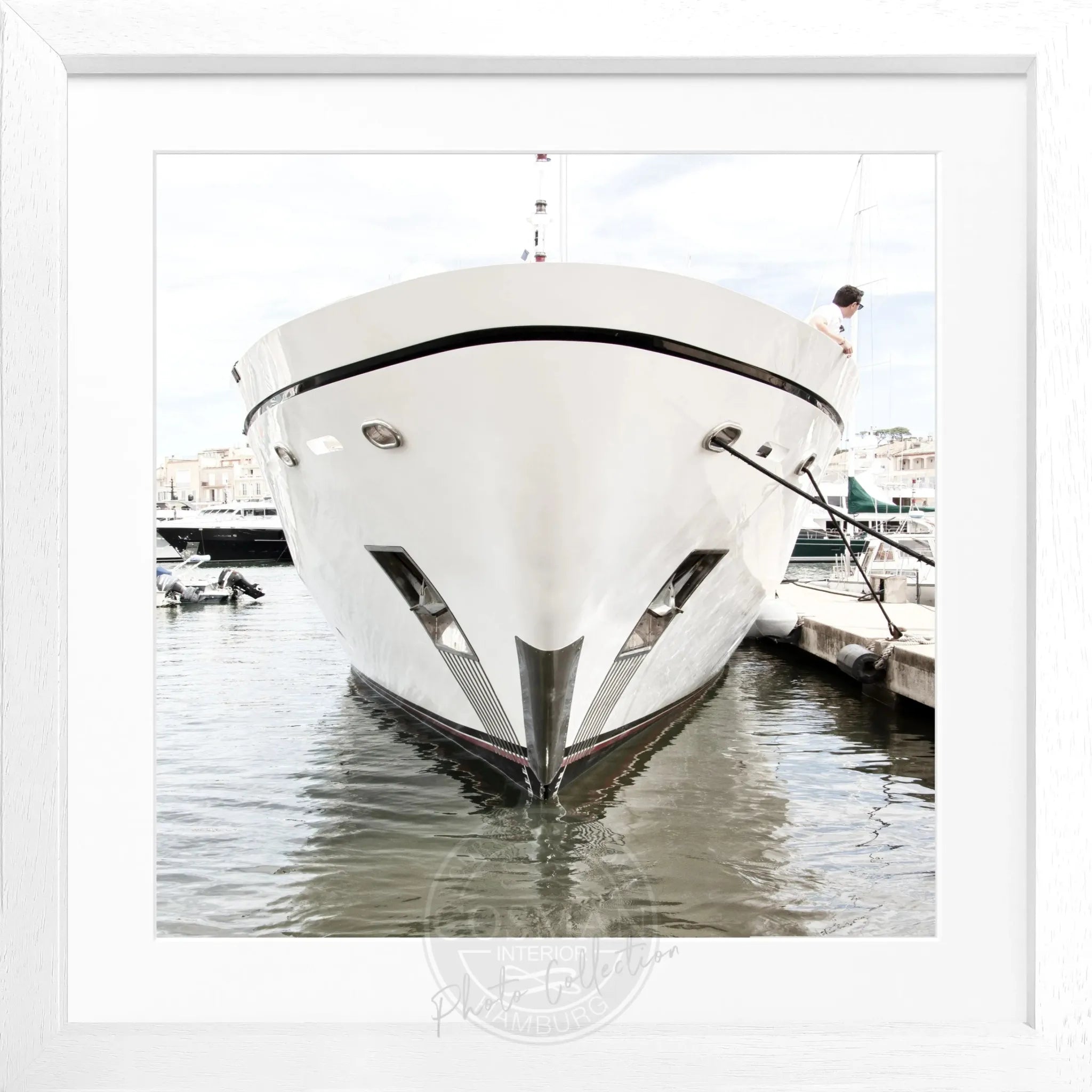 Schwarz-weiß Poster mit Rahmen, Yacht-Motiv, Quadro, 55x55cm, von Cosman-Photocollection, Saint Tropez, elegante Wanddekoration