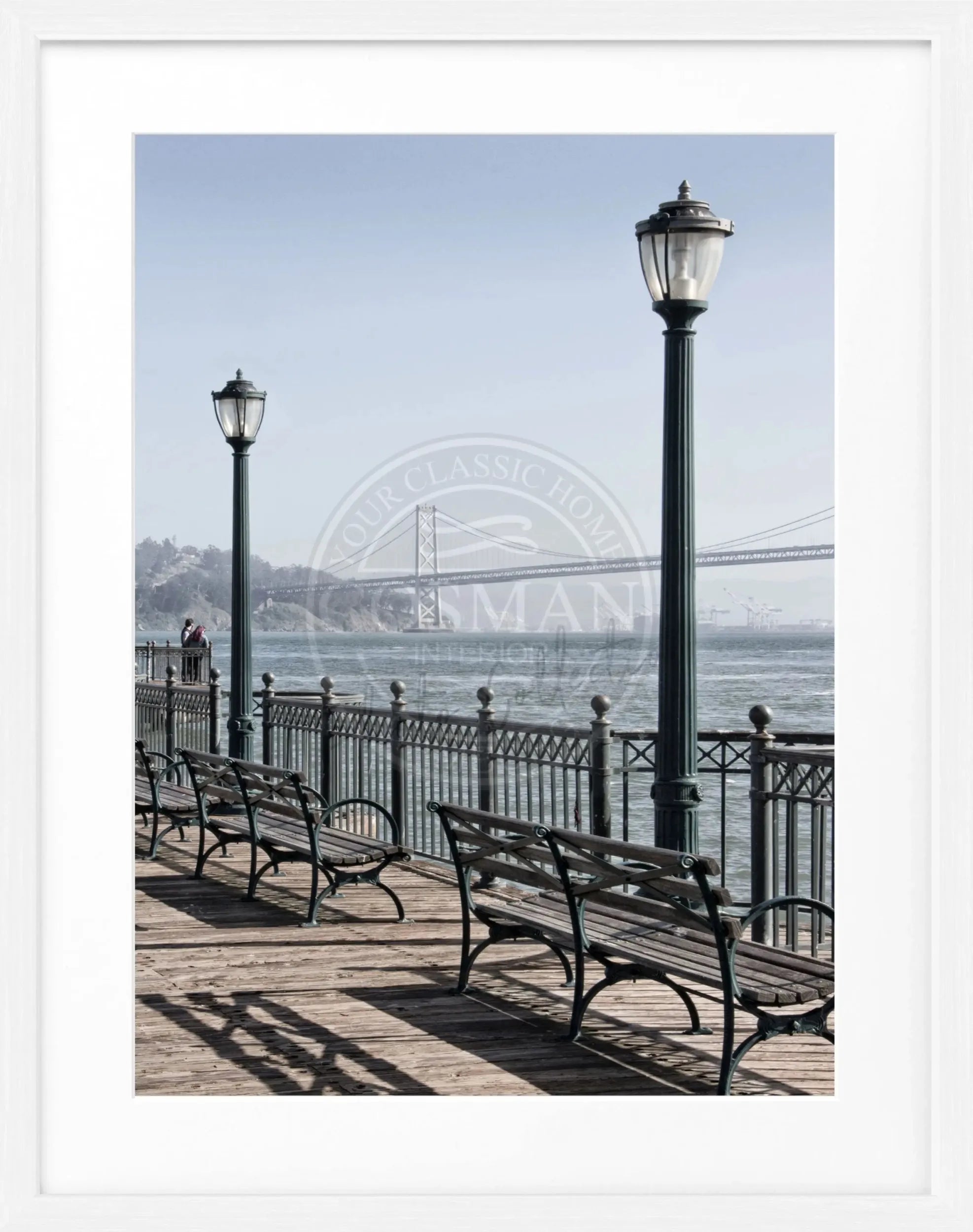 Schwarz-weiß Poster mit Rahmen der Bay Bridge San Francisco, 25x31 cm, von Cosman-Photocollection.