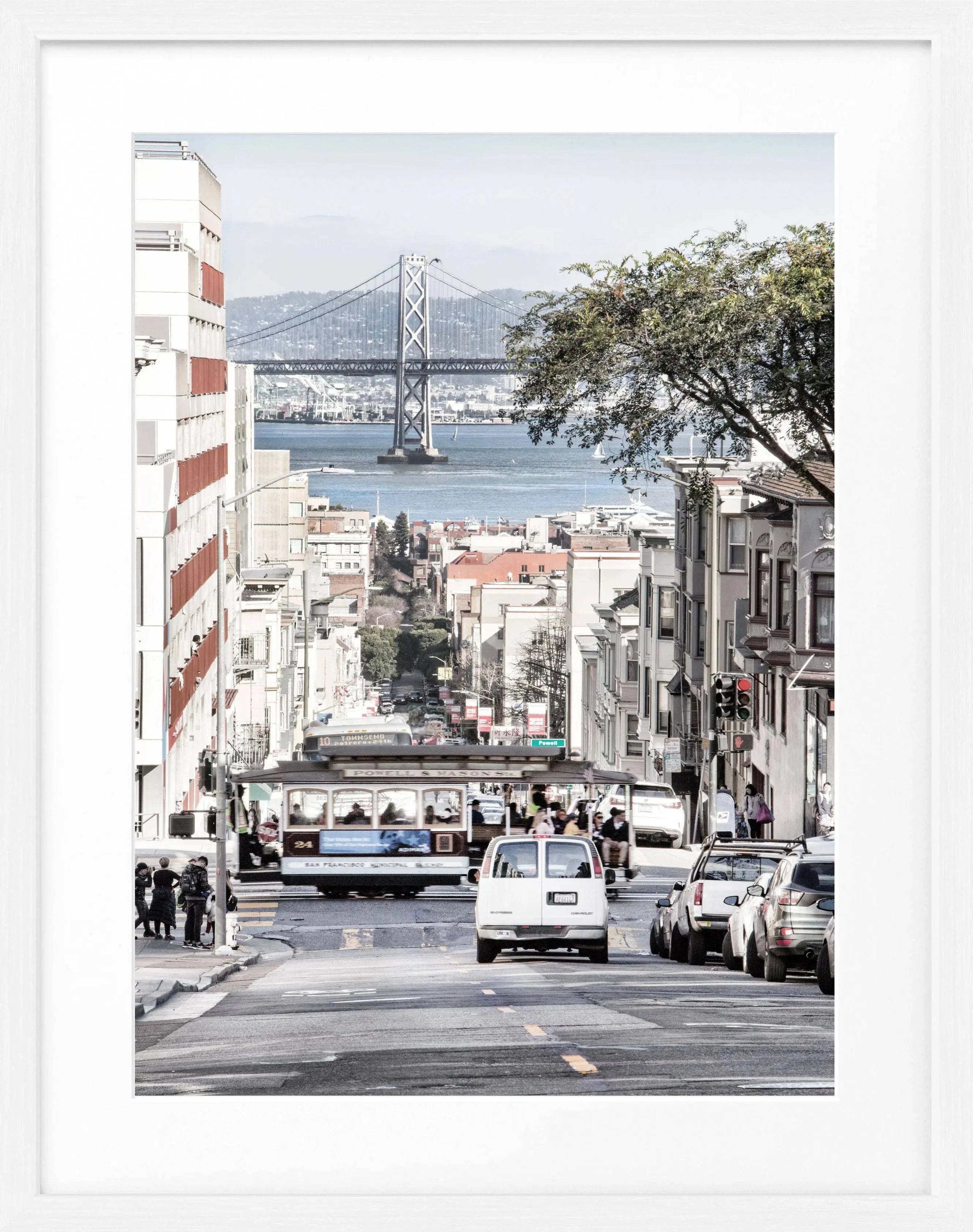 Schwarz-weiß Poster mit Rahmen 'Bay Bridge' San Francisco von Cosman-Photocollection, Motiv im Format 25x31 cm.