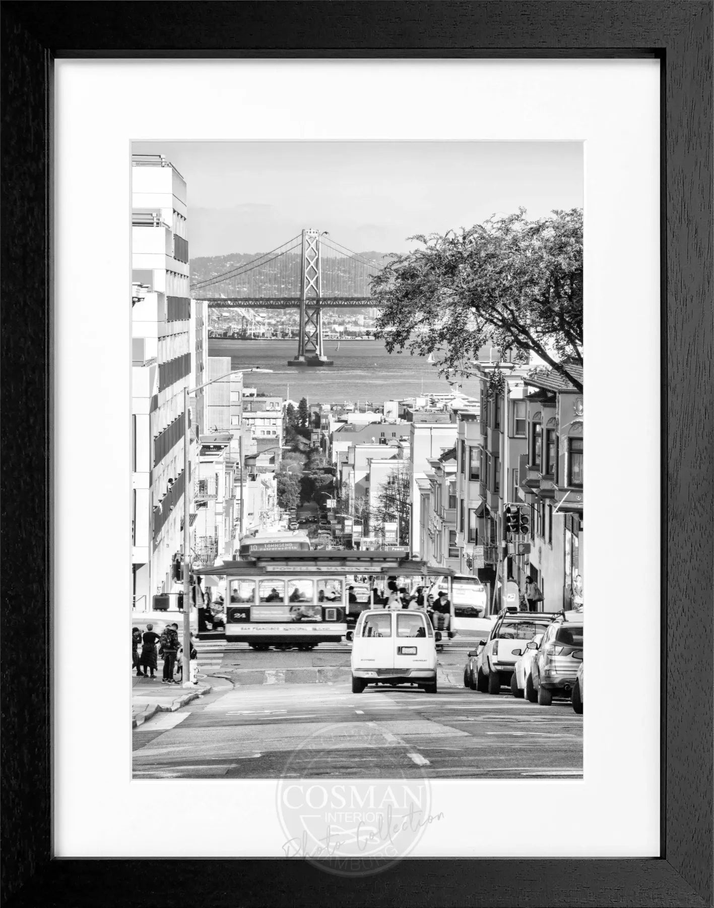 Schwarz-weißer Poster mit Rahmen von Cosman-Photocollection, Bay Bridge San Francisco, 25x31 cm, Wanddekoration