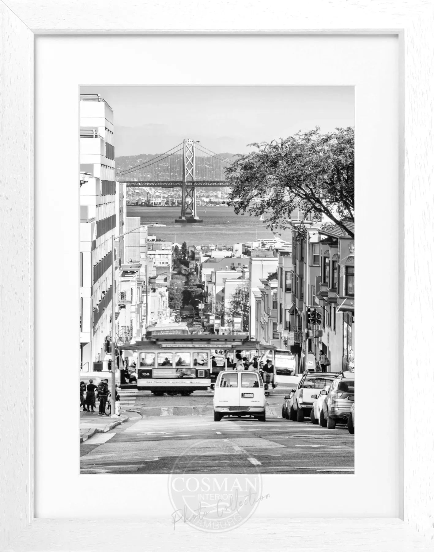 Schwarz-weißer Poster mit Rahmen von Cosman-Photocollection, zeigt die Bay Bridge in San Francisco, Maße 25x31 cm