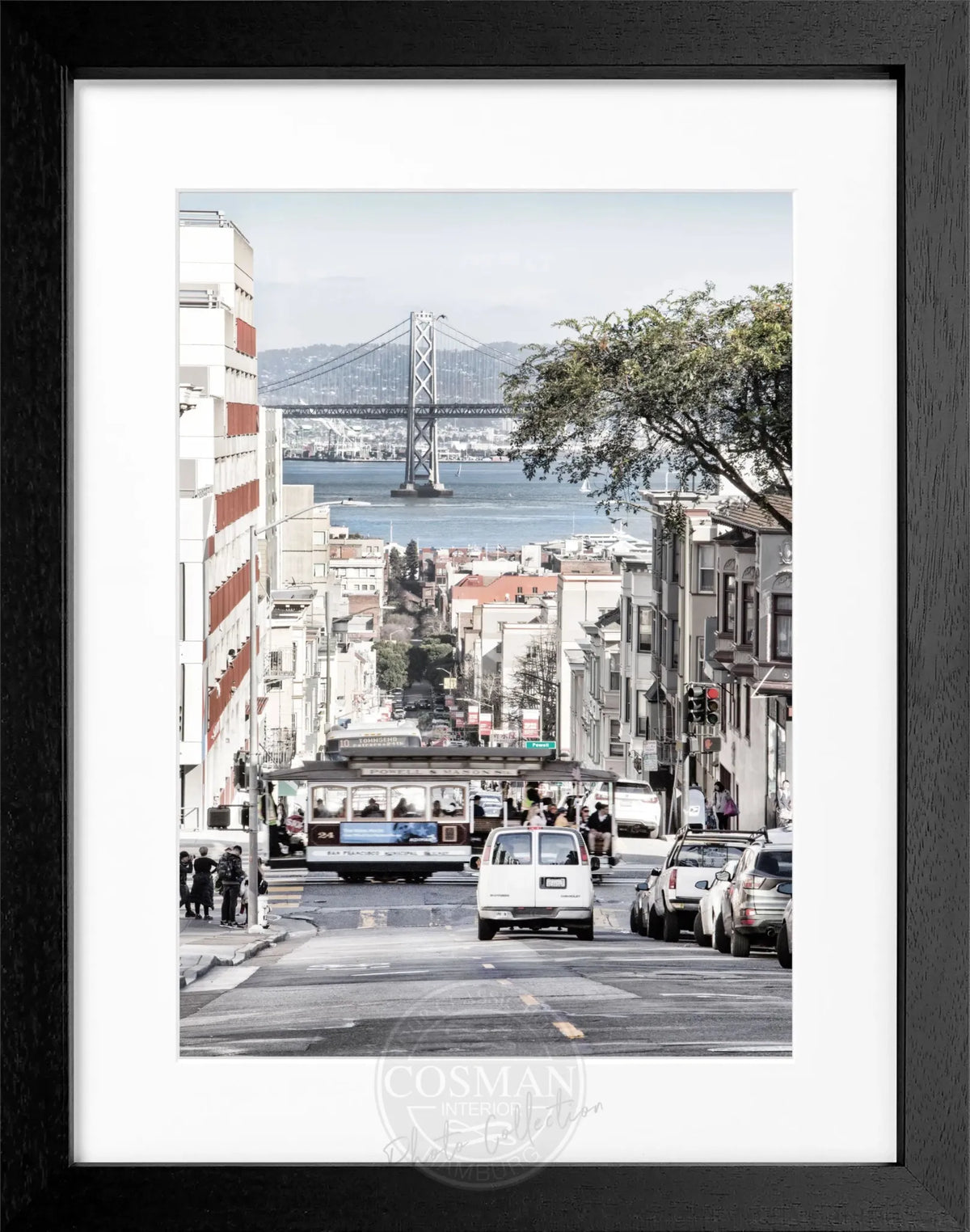 Schwarz-weiß Poster mit Rahmen von Cosman-Photocollection, Bay Bridge San Francisco, 25x31 cm, urbanes Stadtmotiv