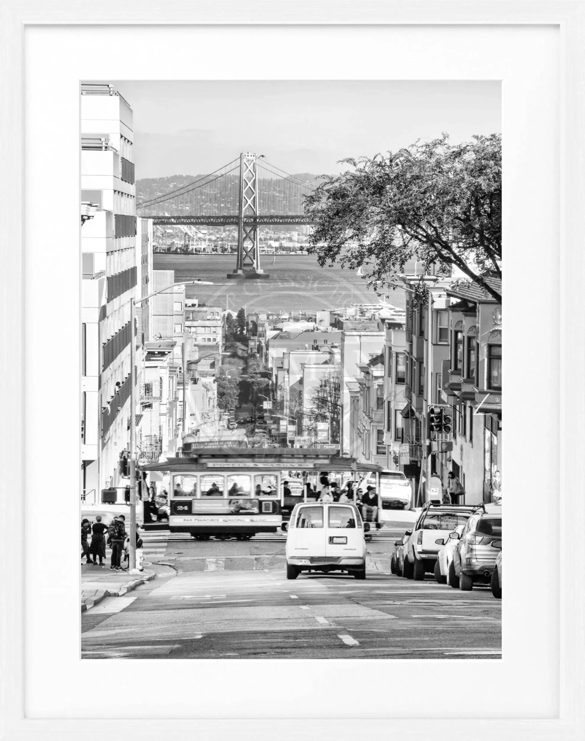 Schwarz-weiß Poster mit Rahmen von Cosman-Photocollection, Bay Bridge San Francisco, 25x31 cm, urbanes Motiv