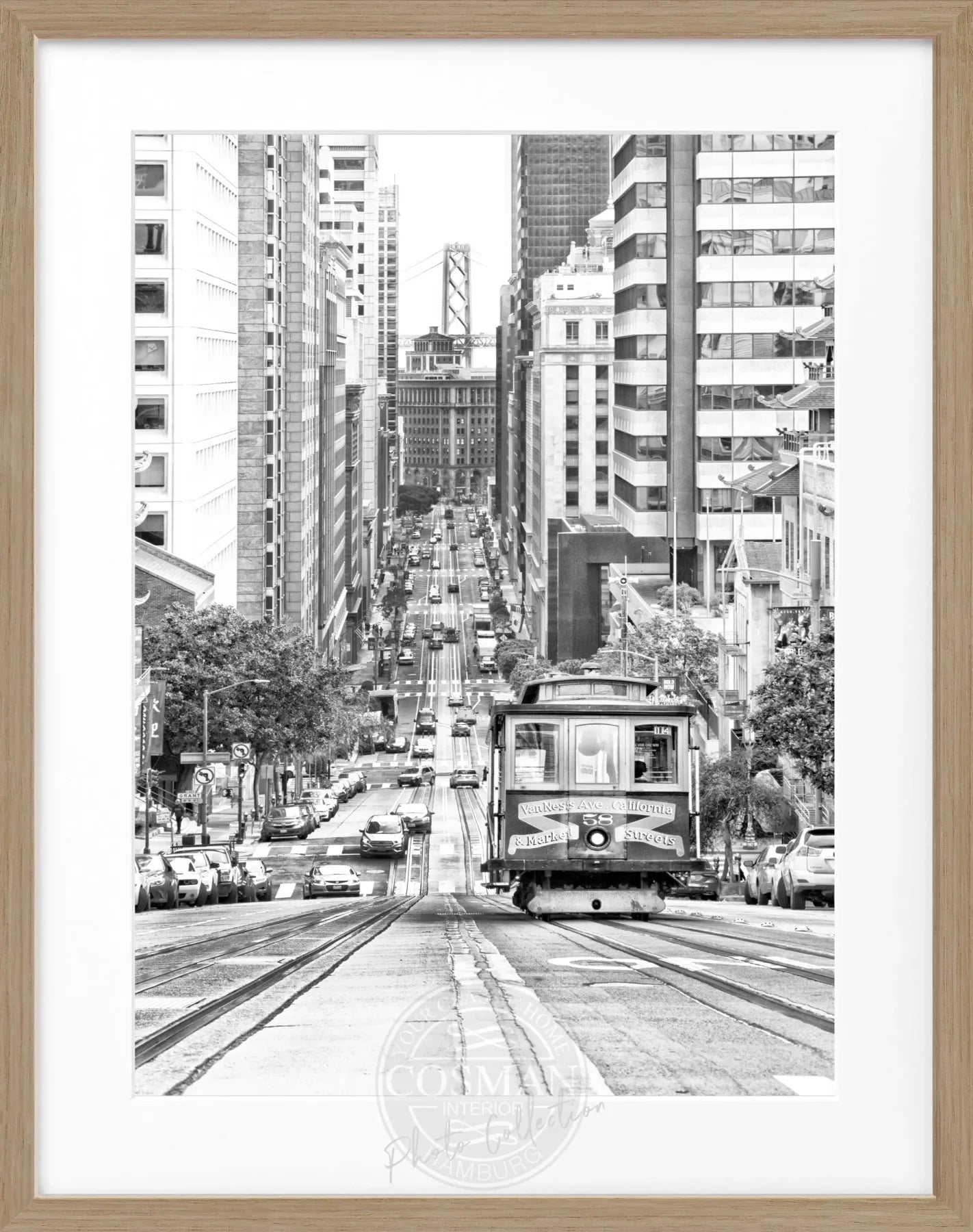 Schwarz-weiß Poster mit Rahmen, Motiv der Seilbahn in San Francisco, von Cosman-Photocollection, 25x31 cm