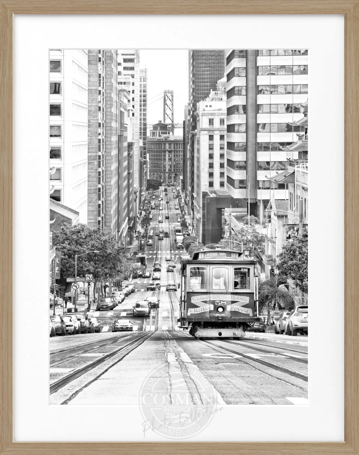 Schwarz-weiß Poster mit Rahmen, Motiv der Seilbahn in San Francisco, von Cosman-Photocollection, 25x31 cm