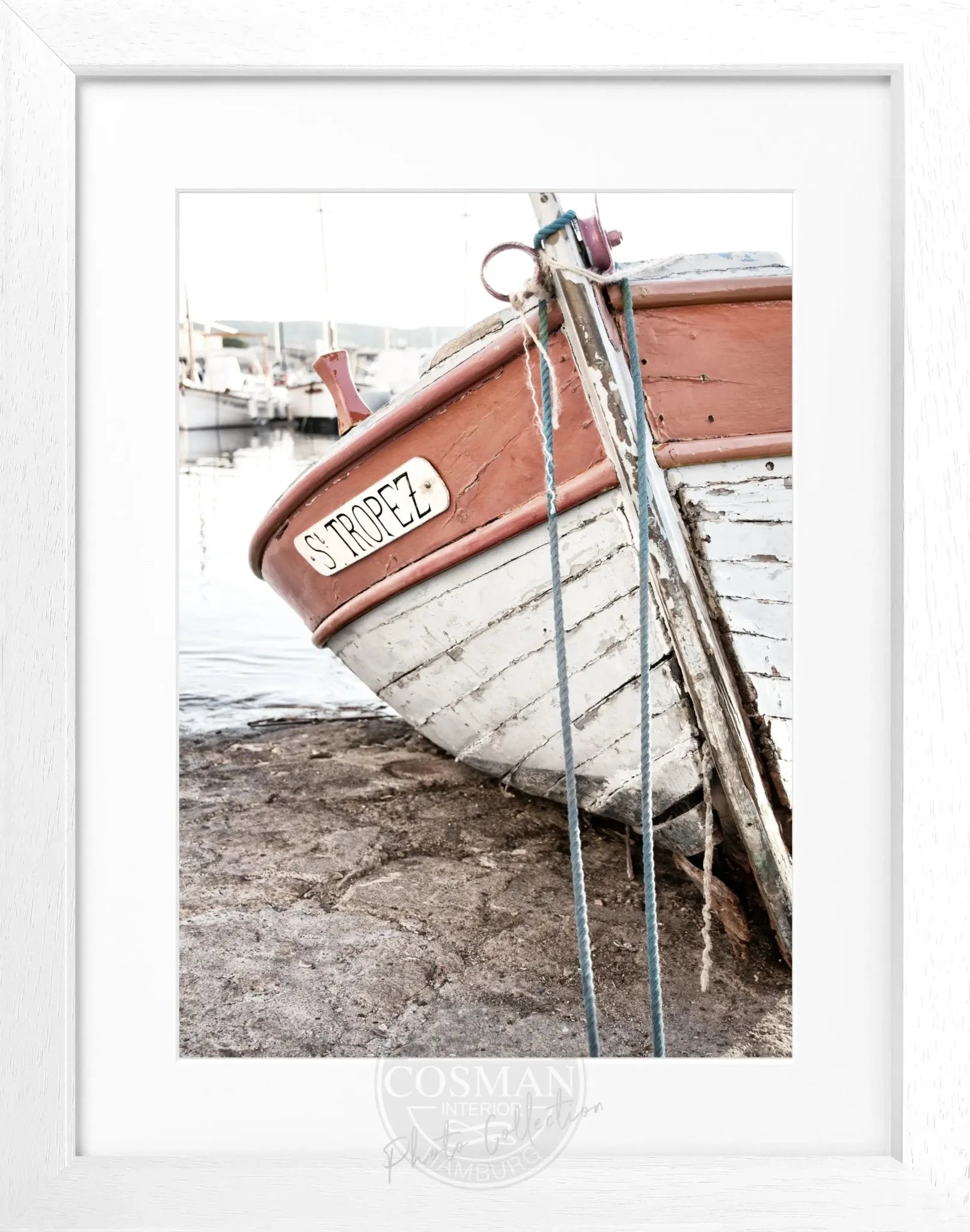 Schwarz-weiß Poster mit Rahmen ’Fischerboot’ Saint Tropez, Cosman-Photocollection, 25x31 cm, maritimes Motiv