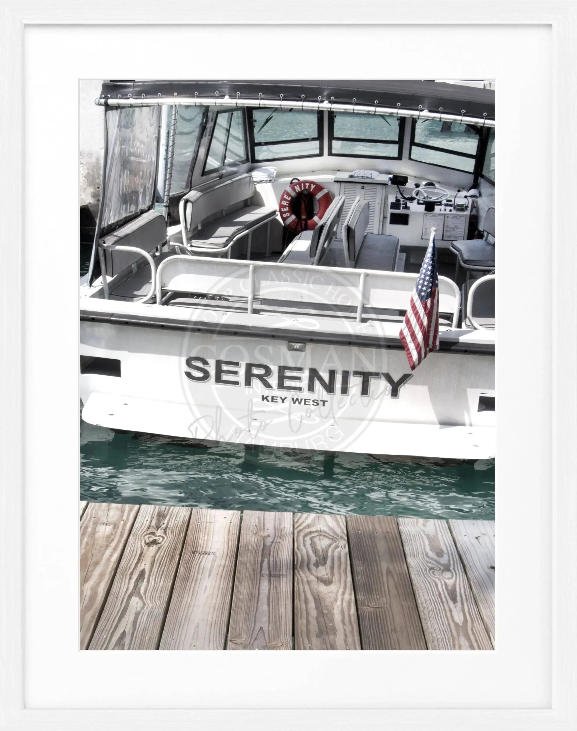 Schwarz-weiß Poster mit Rahmen, Florida Key West Boot Motiv, von Cosman-Photocollection, Maße 25x31 cm.