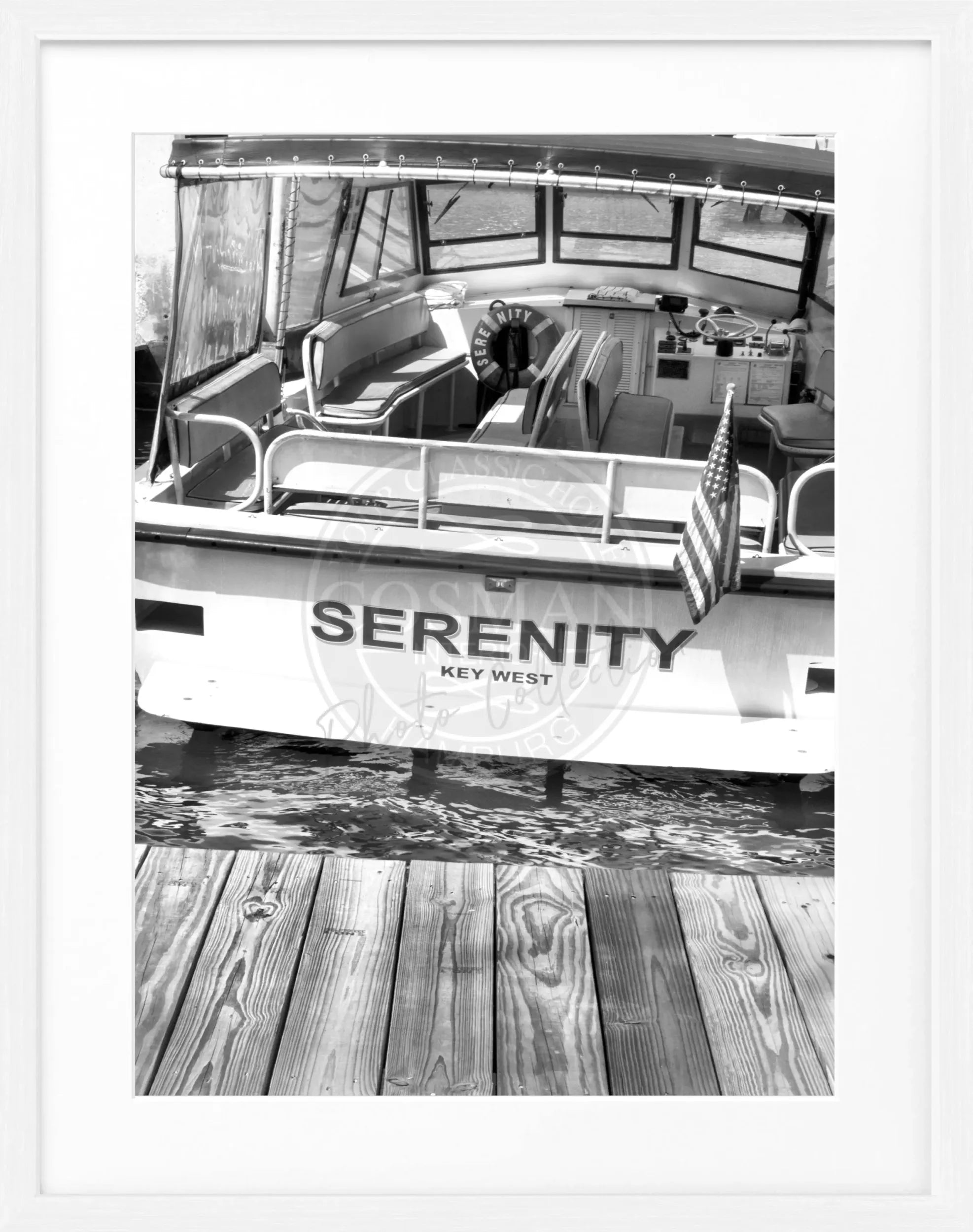 Schwarz-weiß Poster mit Rahmen, Florida Key West Boot Motiv, von Cosman-Photocollection, 25x31cm