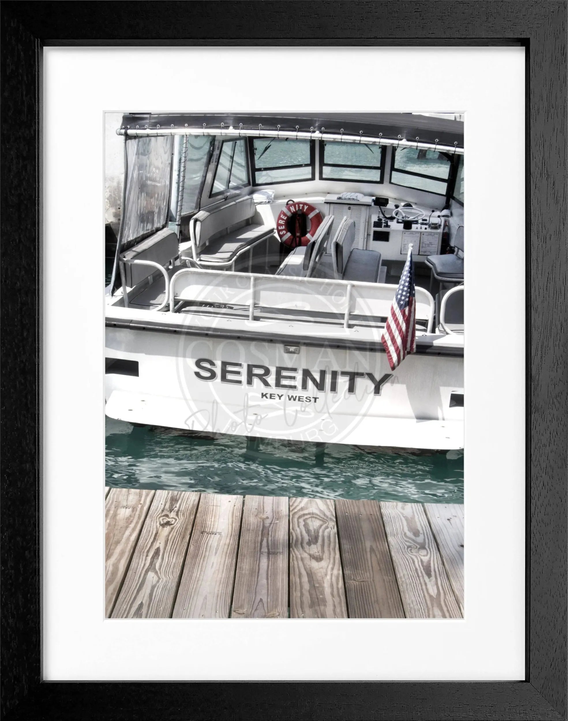 Schwarz-weiß Poster mit Rahmen, Florida Key West Boot Motiv, 25x31cm, von Cosman-Photocollection