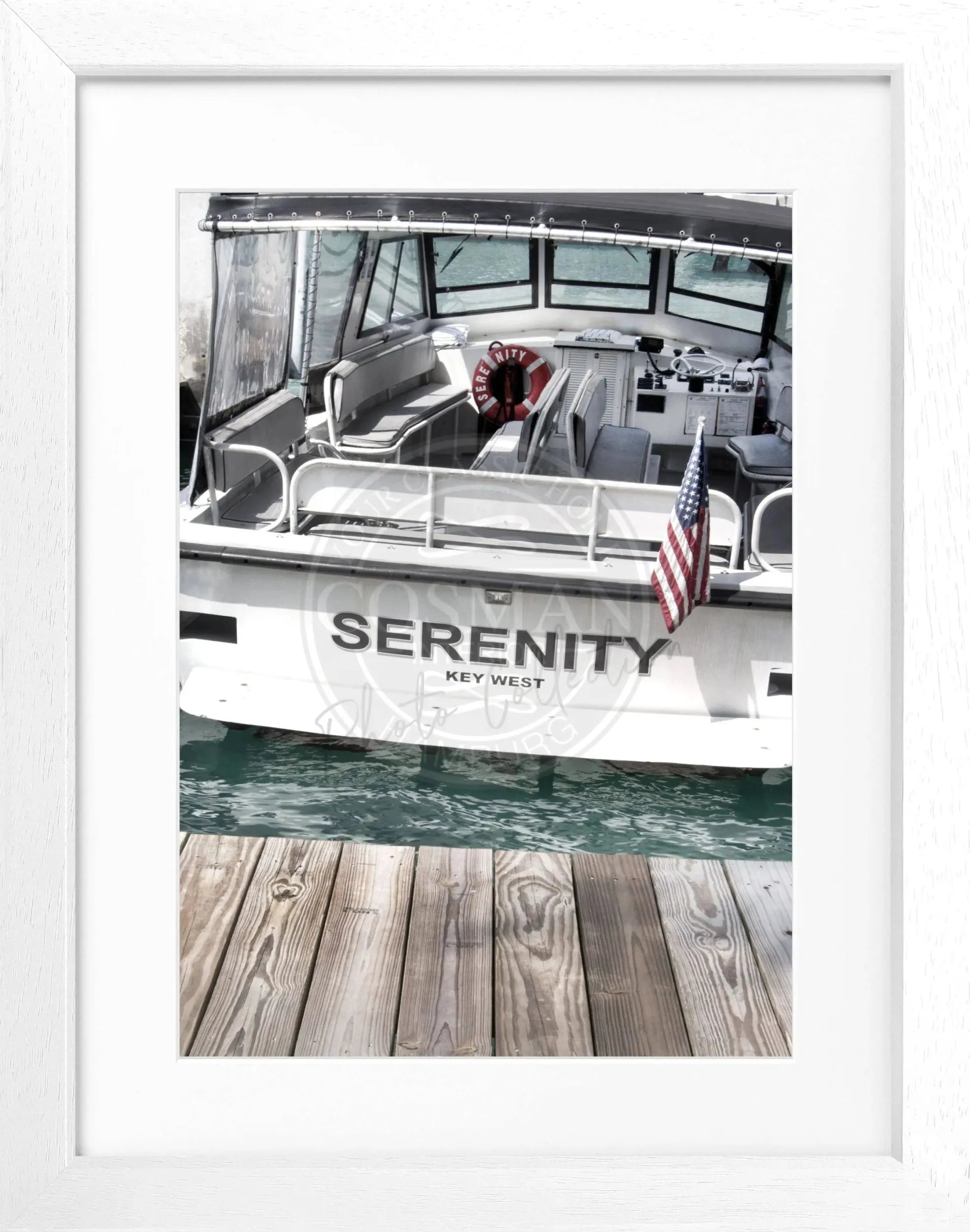 Schwarz-weiß Poster mit Rahmen, Florida Key West Boot-Motiv, von Cosman-Photocollection, 25x31 cm, maritime Wanddekoration