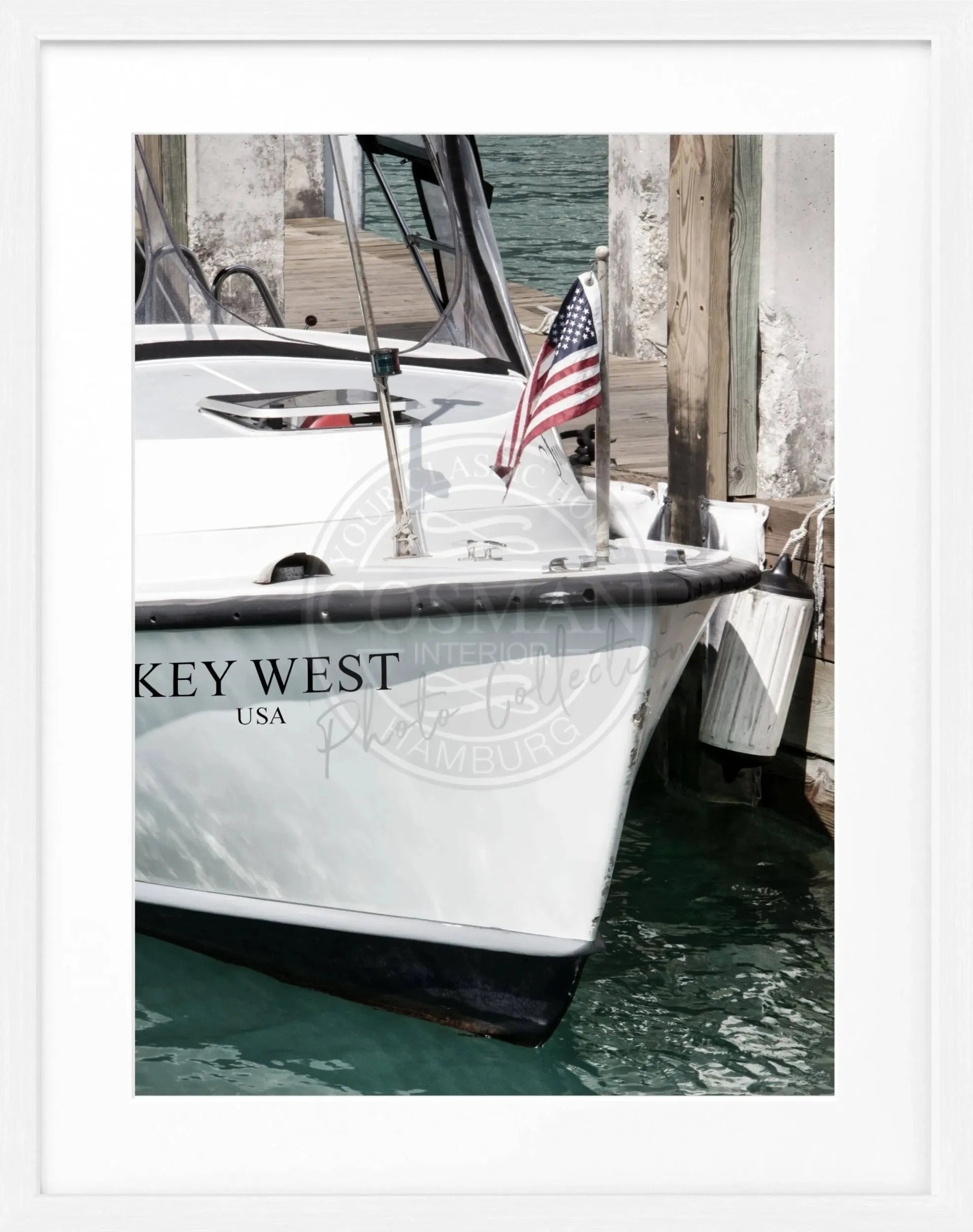Schwarz-weiß Poster mit Rahmen, Florida Key West Boot, von Cosman-Photocollection, 25x31 cm, maritimes Motiv