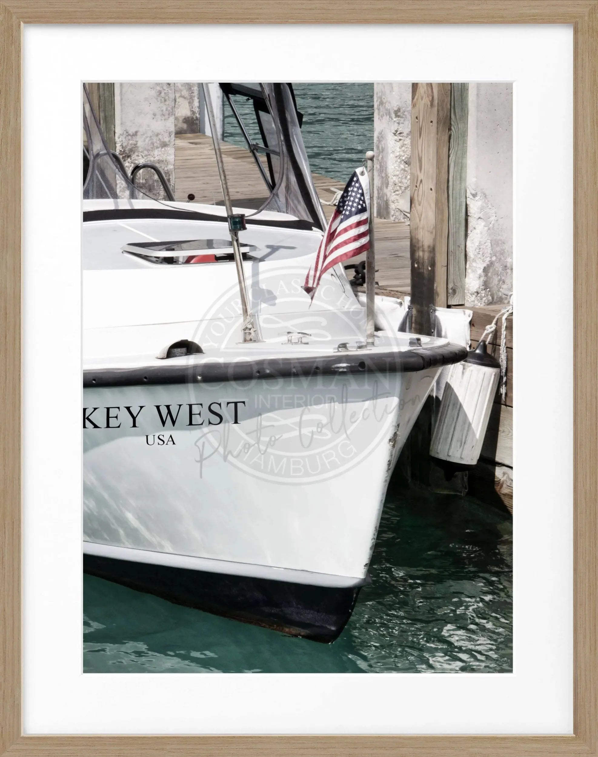 Schwarz-weiß Poster mit Rahmen, Florida Key West Boot Motiv, von Cosman-Photocollection, 25x31 cm