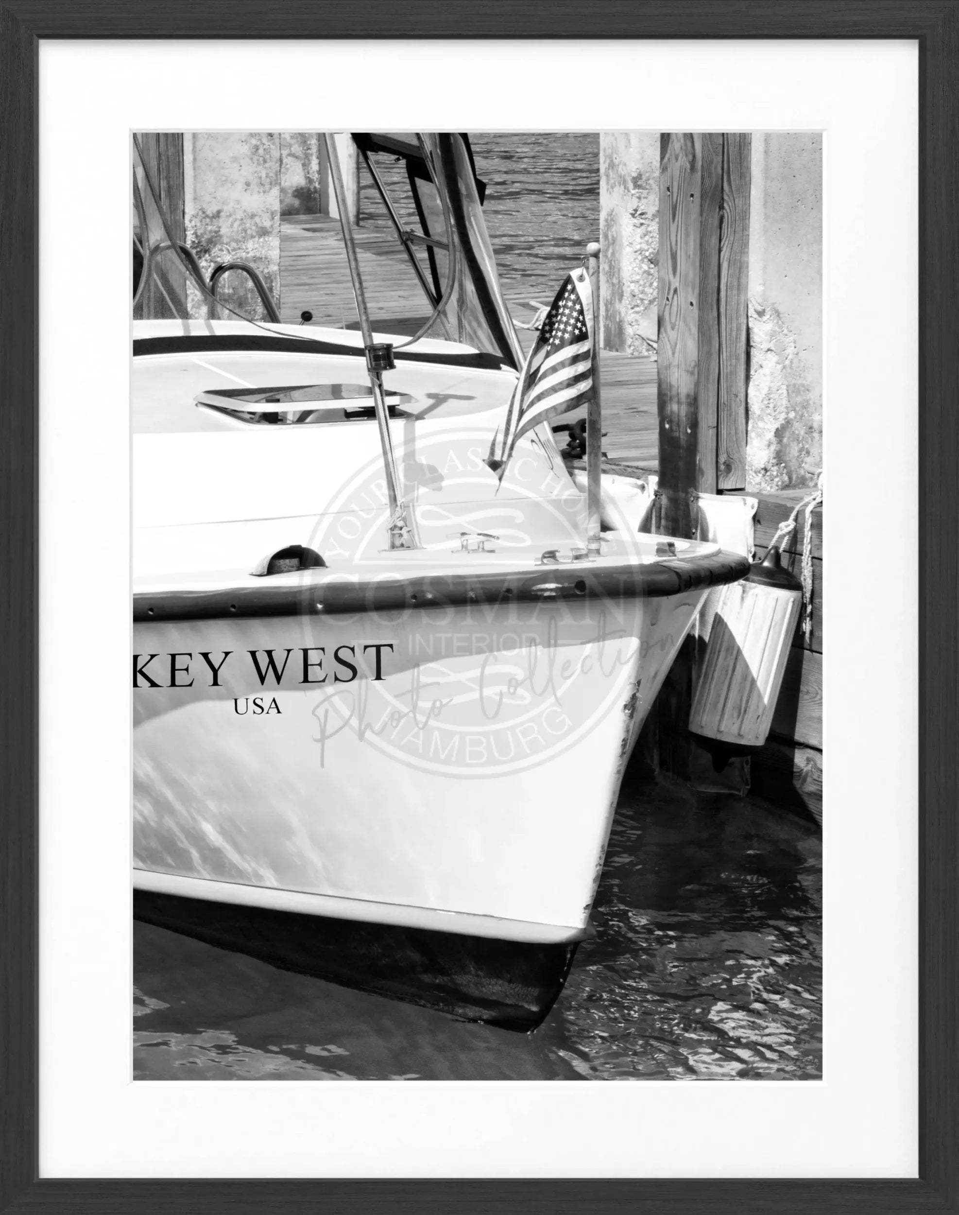 Schwarz-weiß Poster mit Rahmen, Florida Key West Boot-Motiv, von Cosman-Photocollection, 25x31 cm, Wanddekoration