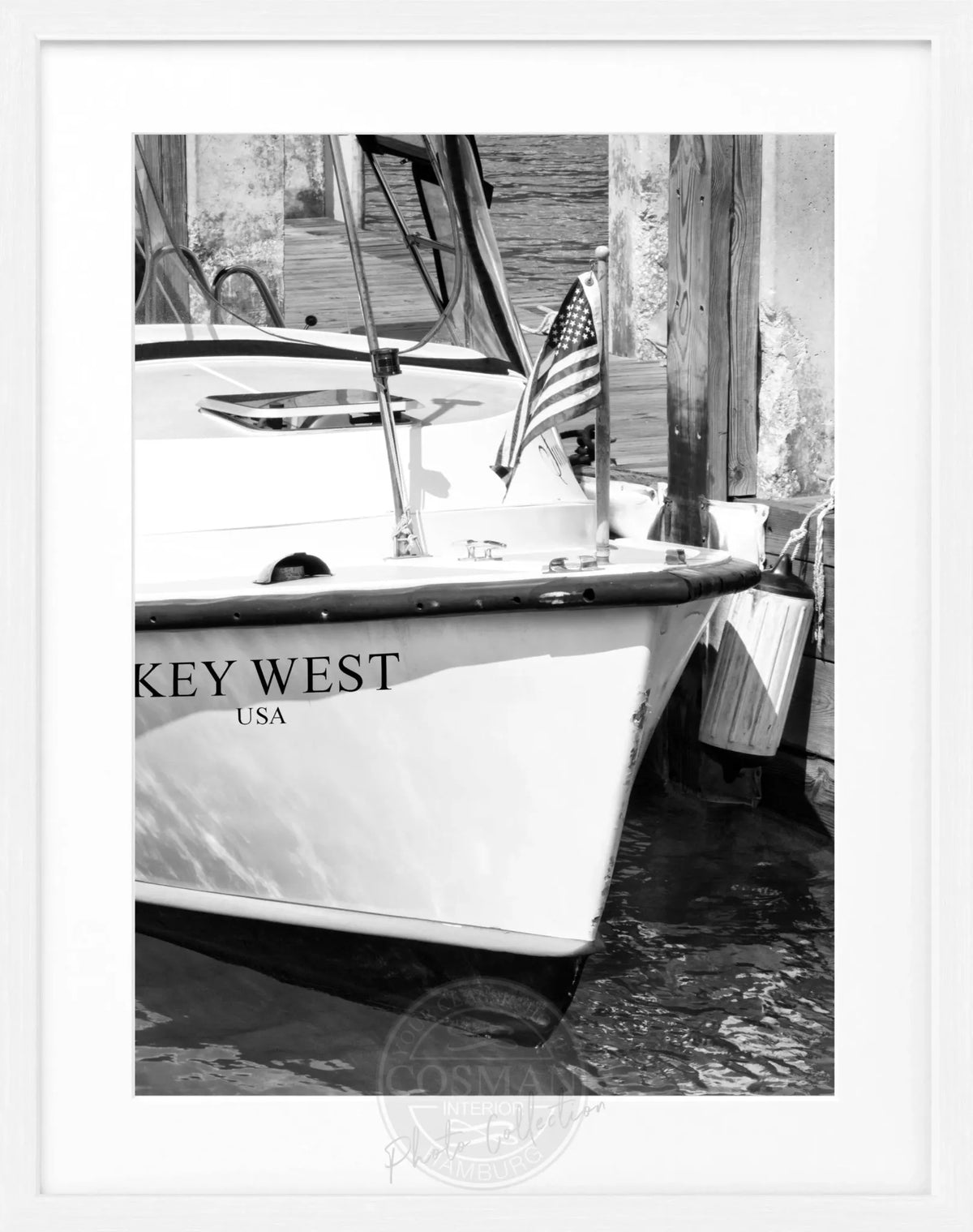Schwarz-weiß Poster mit Rahmen, Florida Key West Boot-Motiv, von Cosman-Photocollection, 25x31 cm, maritime Stimmung