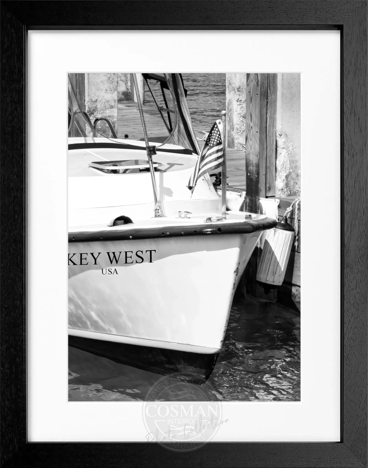 Schwarz-weiß Poster mit Rahmen, Florida Key West Boot-Motiv, von Cosman-Photocollection, 25x31 cm