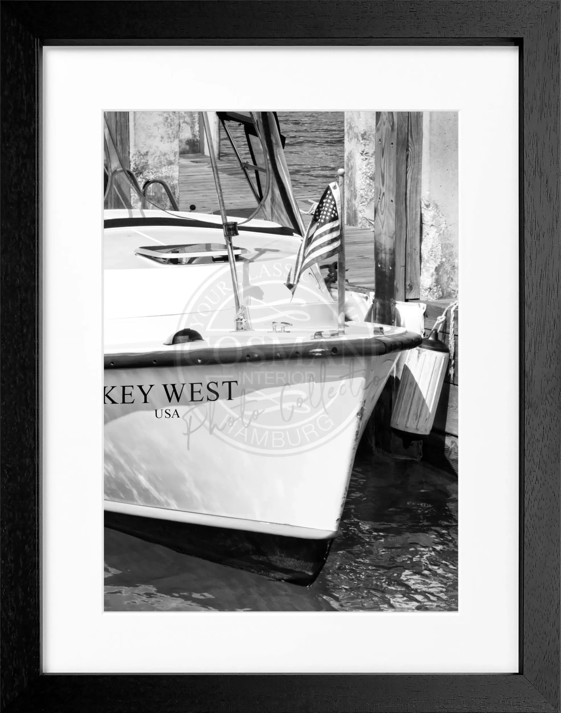 Schwarz-weiß Poster mit Rahmen, Florida Key West Boot-Motiv, von Cosman-Photocollection, 25x31 cm