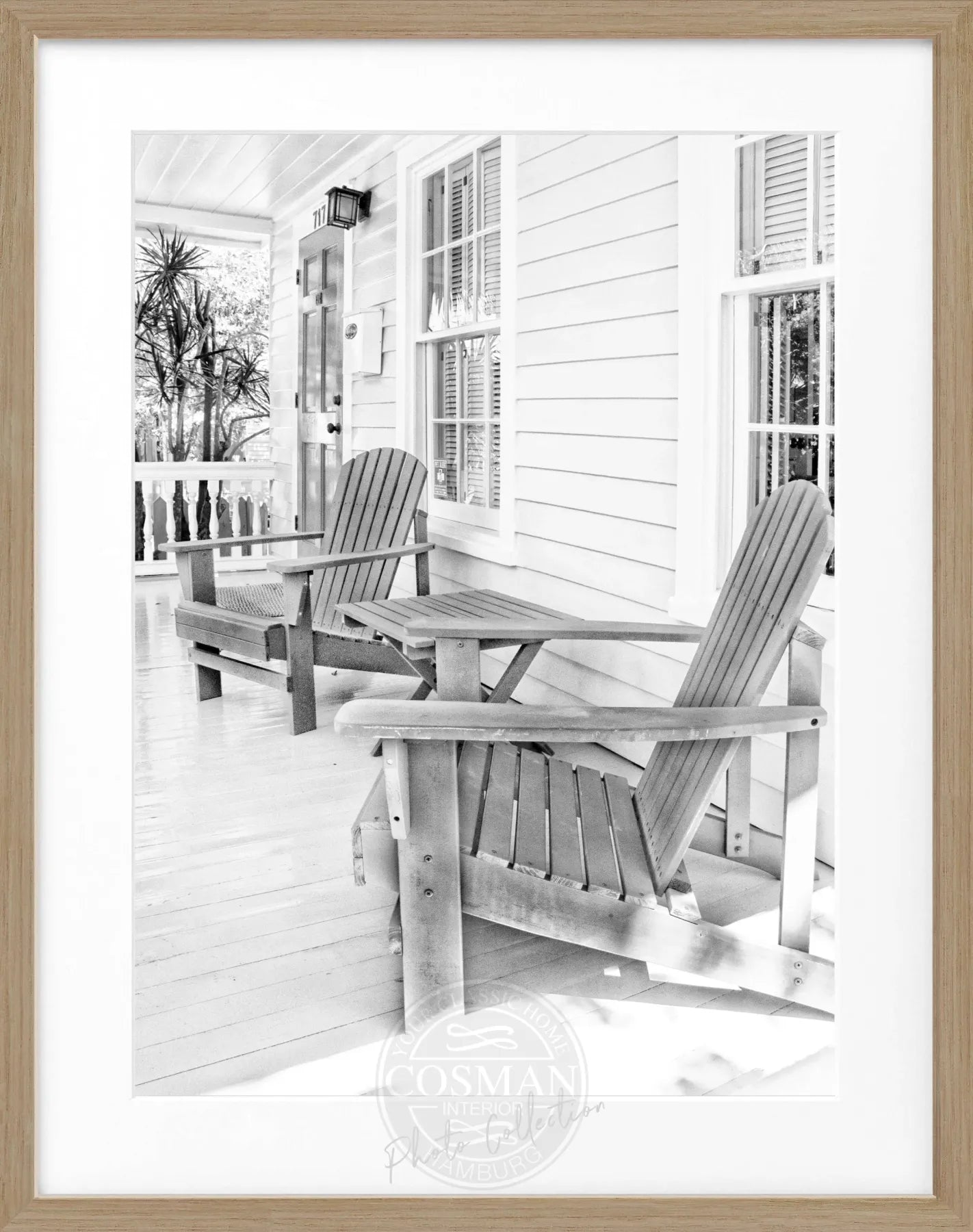 Schwarz-weiß Poster mit Rahmen, Florida Key West ’Deckchair’ Motiv, 25x31cm, von Cosman-Photocollection