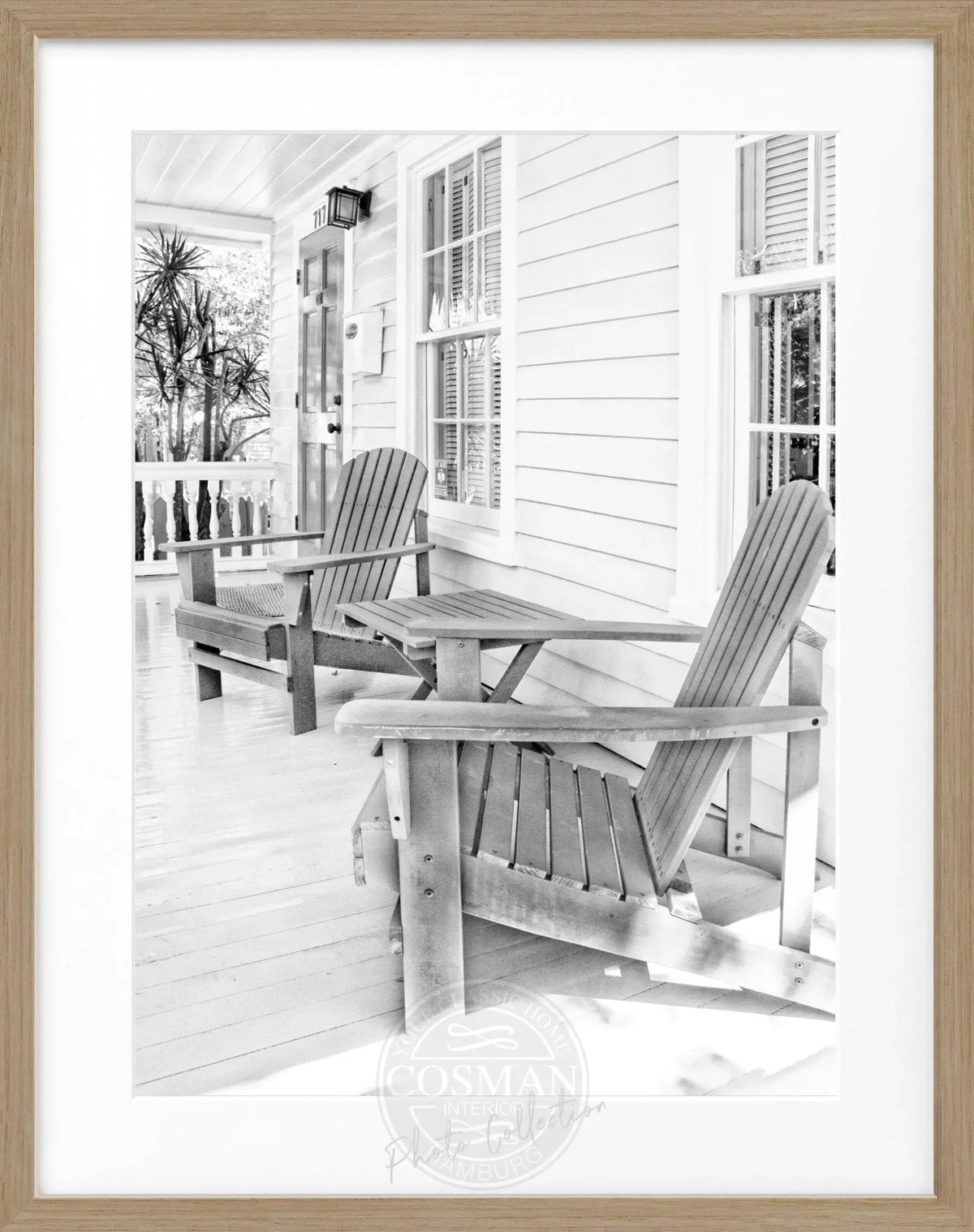 Schwarz-weiß Poster mit Rahmen, Florida Key West ’Deckchair’ Motiv, 25x31cm, von Cosman-Photocollection