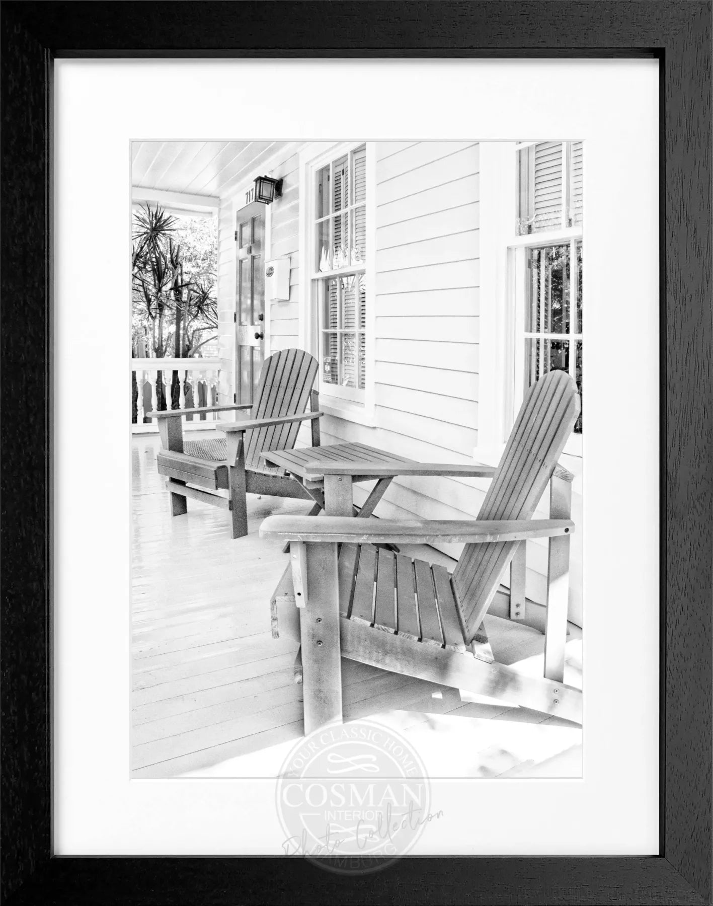 Schwarz-weiß Poster mit Rahmen, Florida Key West ’Deckchair’ Motiv, von Cosman-Photocollection, 25x31 cm