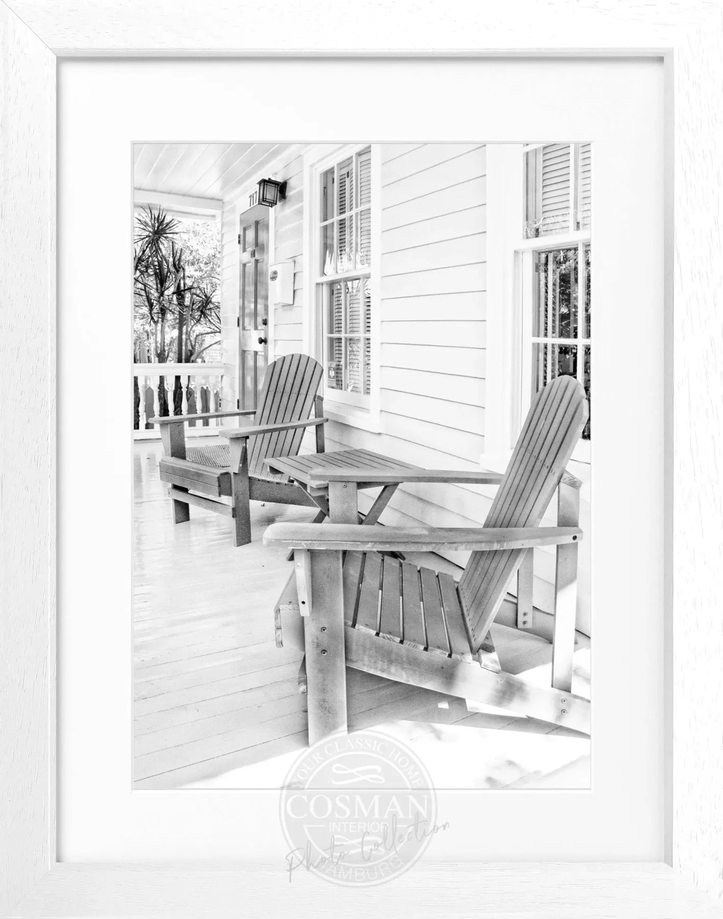 Schwarz-weiß Poster mit Rahmen, Florida Key West Deckchair Motiv, von Cosman-Photocollection, 25x31 cm, maritime Atmosphäre