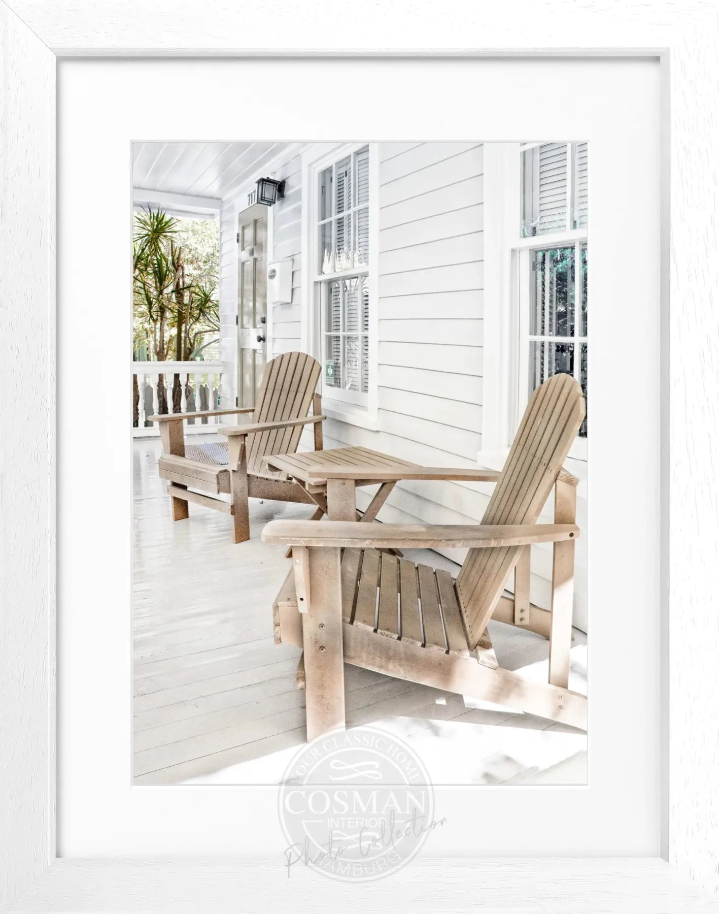 Schwarz-weiß Poster mit Rahmen von Florida Key West mit Deckchair, von Cosman-Photocollection, 25x31 cm, dekoratives Wandbild