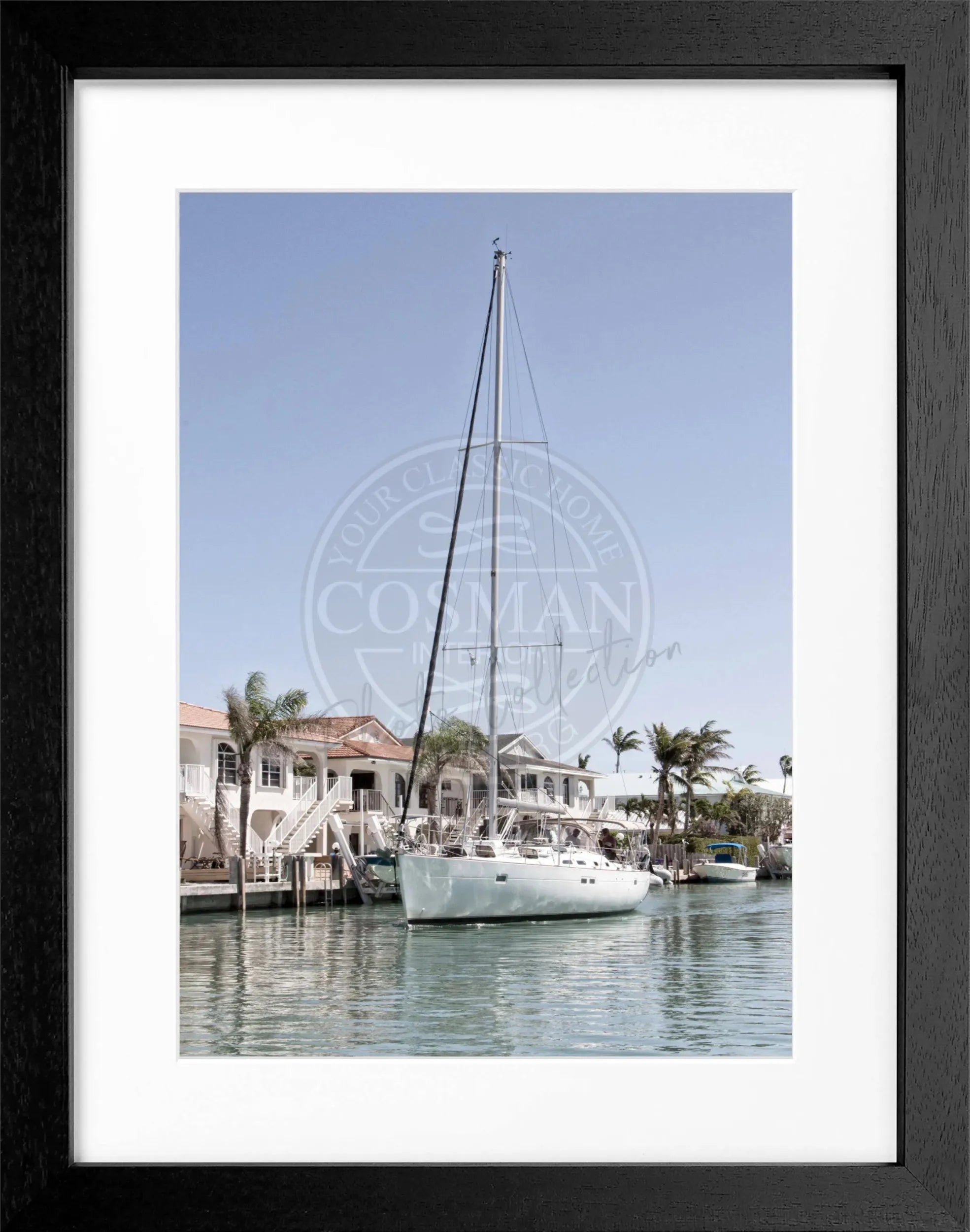Schwarz-weiß Poster mit Rahmen, Florida Keys Boat, von Cosman-Photocollection, 25x31 cm, maritime Motiv.
